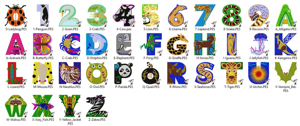 Broderie numérique Alphabet animaux Format PES