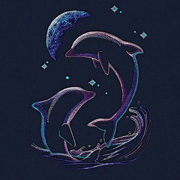 Broderie numérique Motif Dauphins lumineux Formats PES,DST,JEF,HUS,ART,XXX,EXP,VP3,VIP