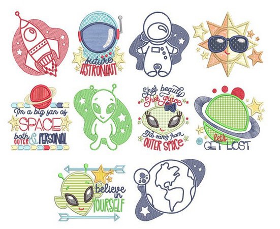 Broderie numérique Pack UFO et ESPACE POUR ENFANTS Formats PES,DST,JEF,HUS,EXP,XXX,VIP,VP3