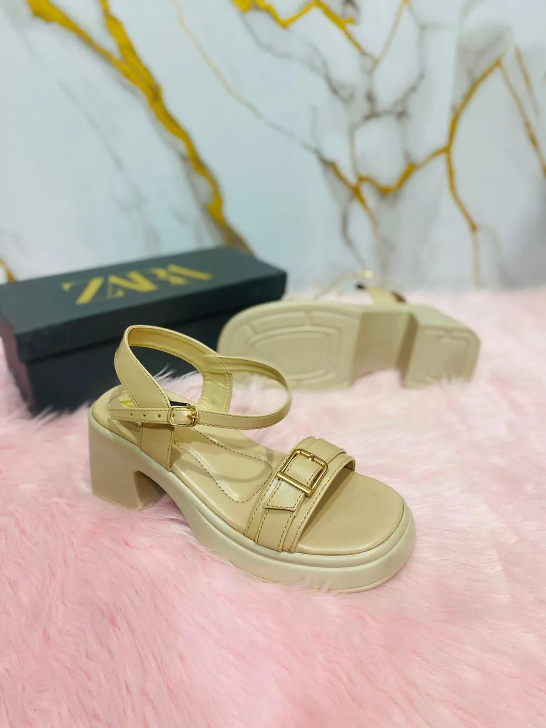 ZARA Beige Chunky Heel Sandals