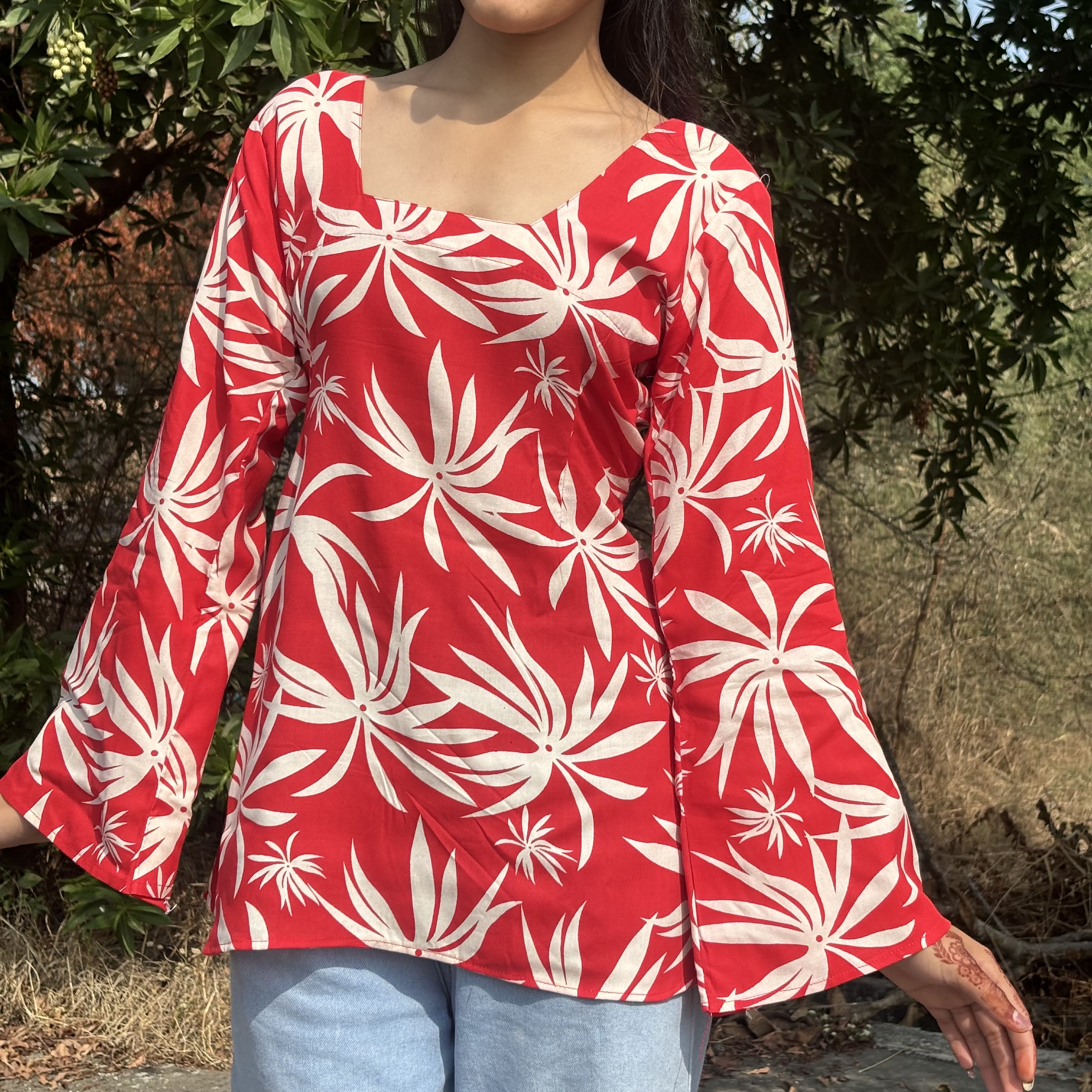 Red Floral Print Kurta 