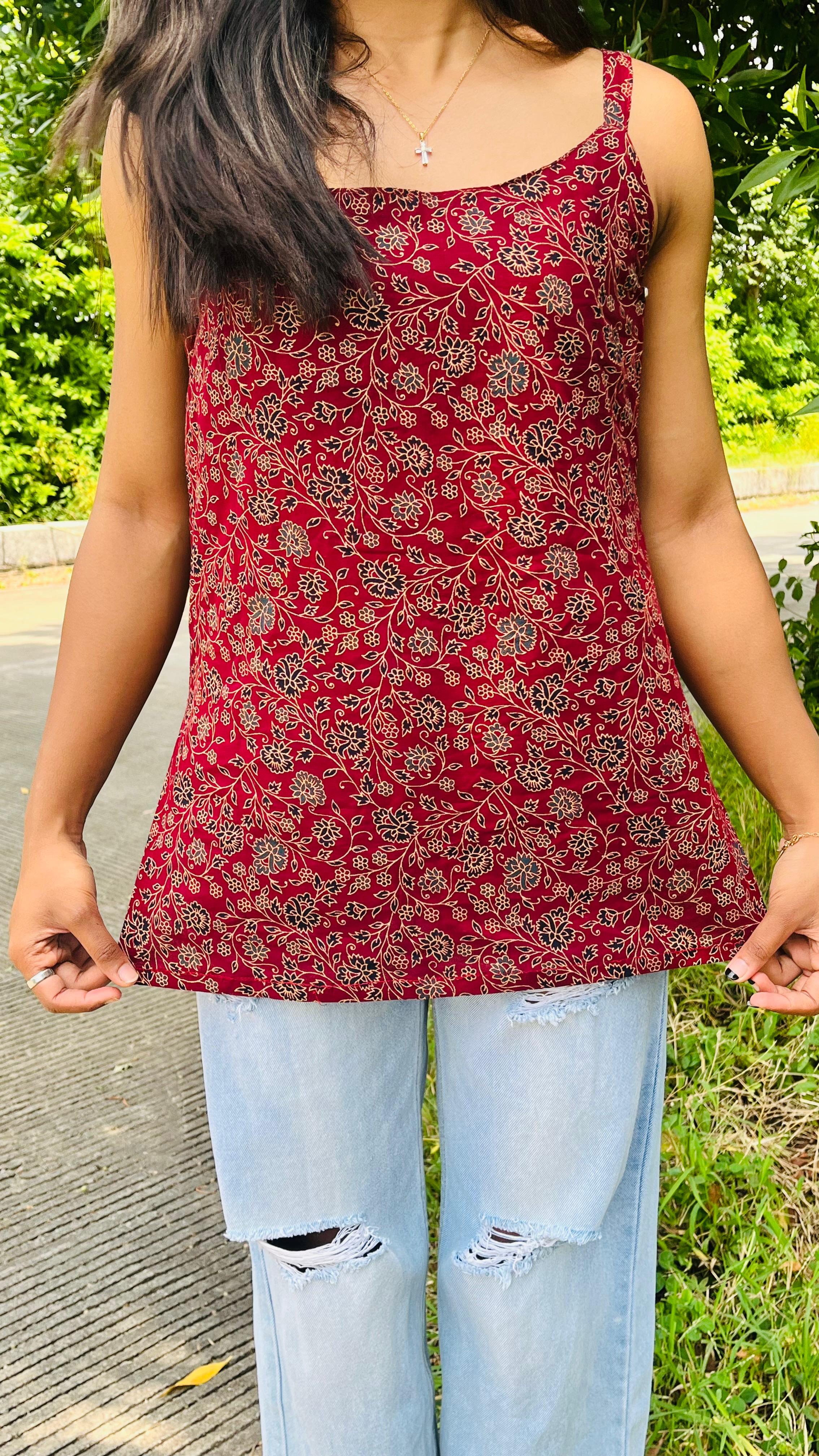 Red Floral Sleeveless kurti (Cotton) for women