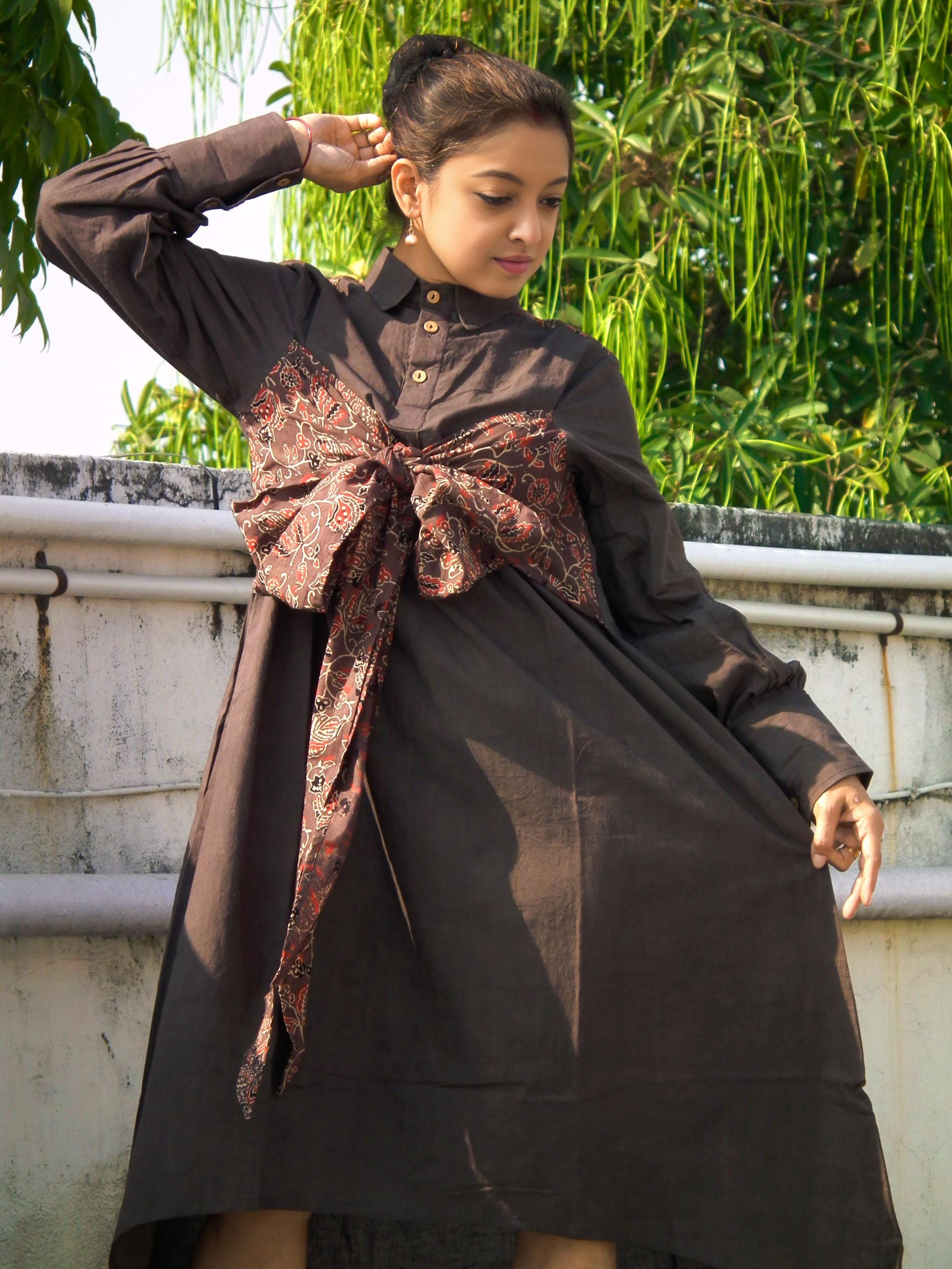 AKROTIRI  - Buttoned Lantern Sleeves warm Chocolate Collared A Line Dress with a Big Stylish Adjustable Bow, perfect for Your vacation.