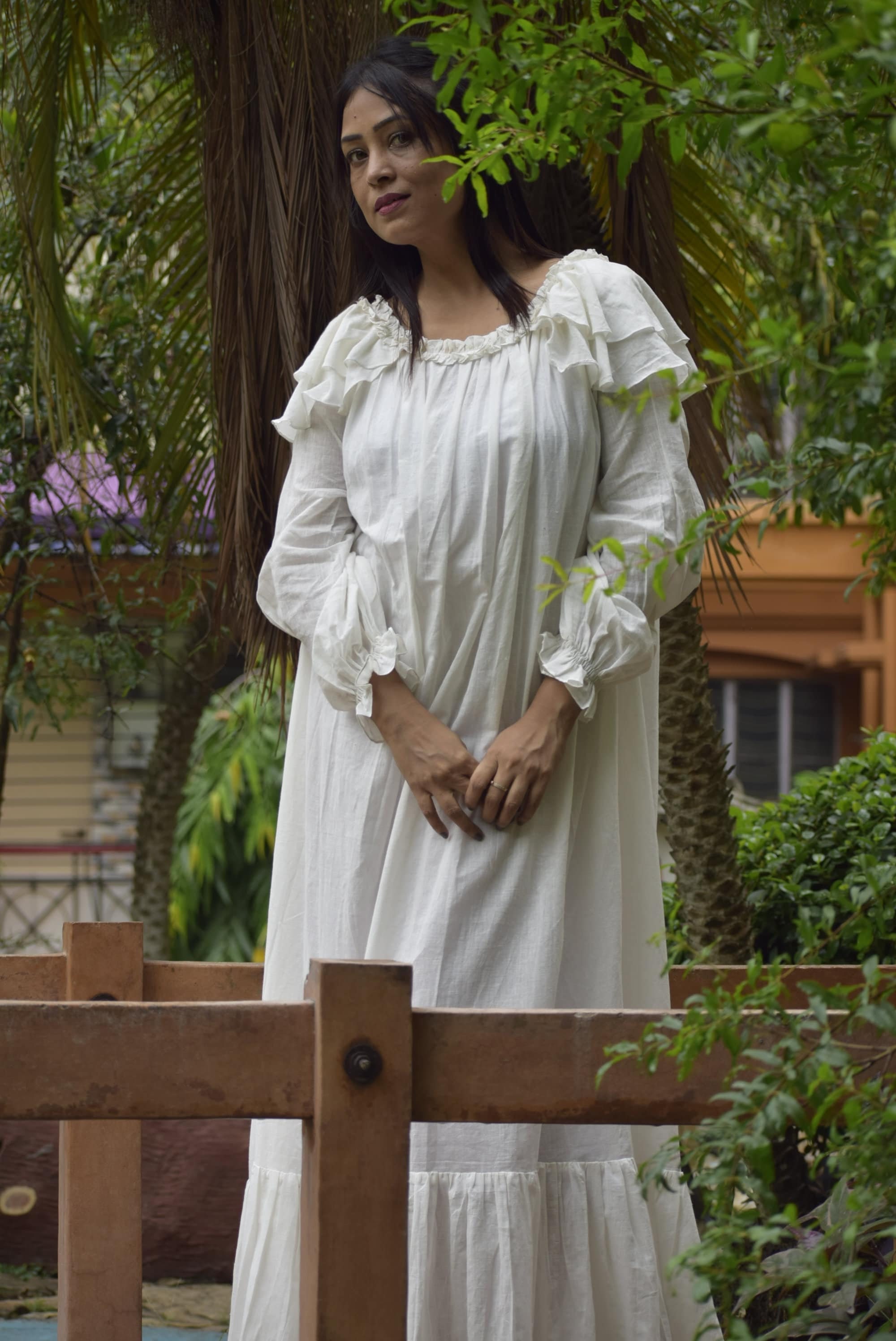 AEOLIAN FANTASY-Muslin Cotton Long & Loose Designer Maxi Dress | Casual Retro Dress For Summer with Long Ruffled Sleeves