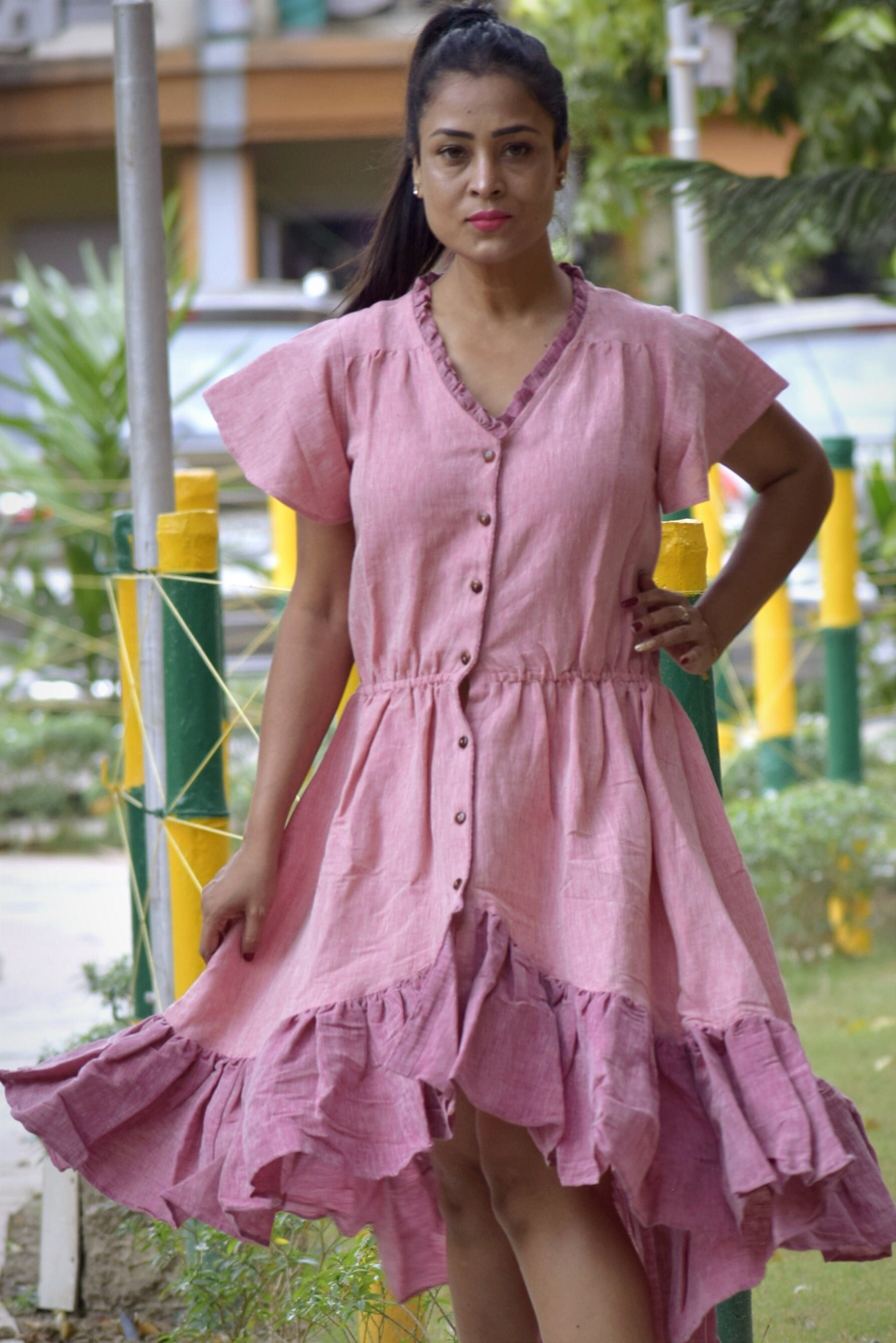 DISTANT SHORES - Premium Linen Cotton pleated V Neck, Flutter Sleeved Asymmetrical Midi Swing Dress.