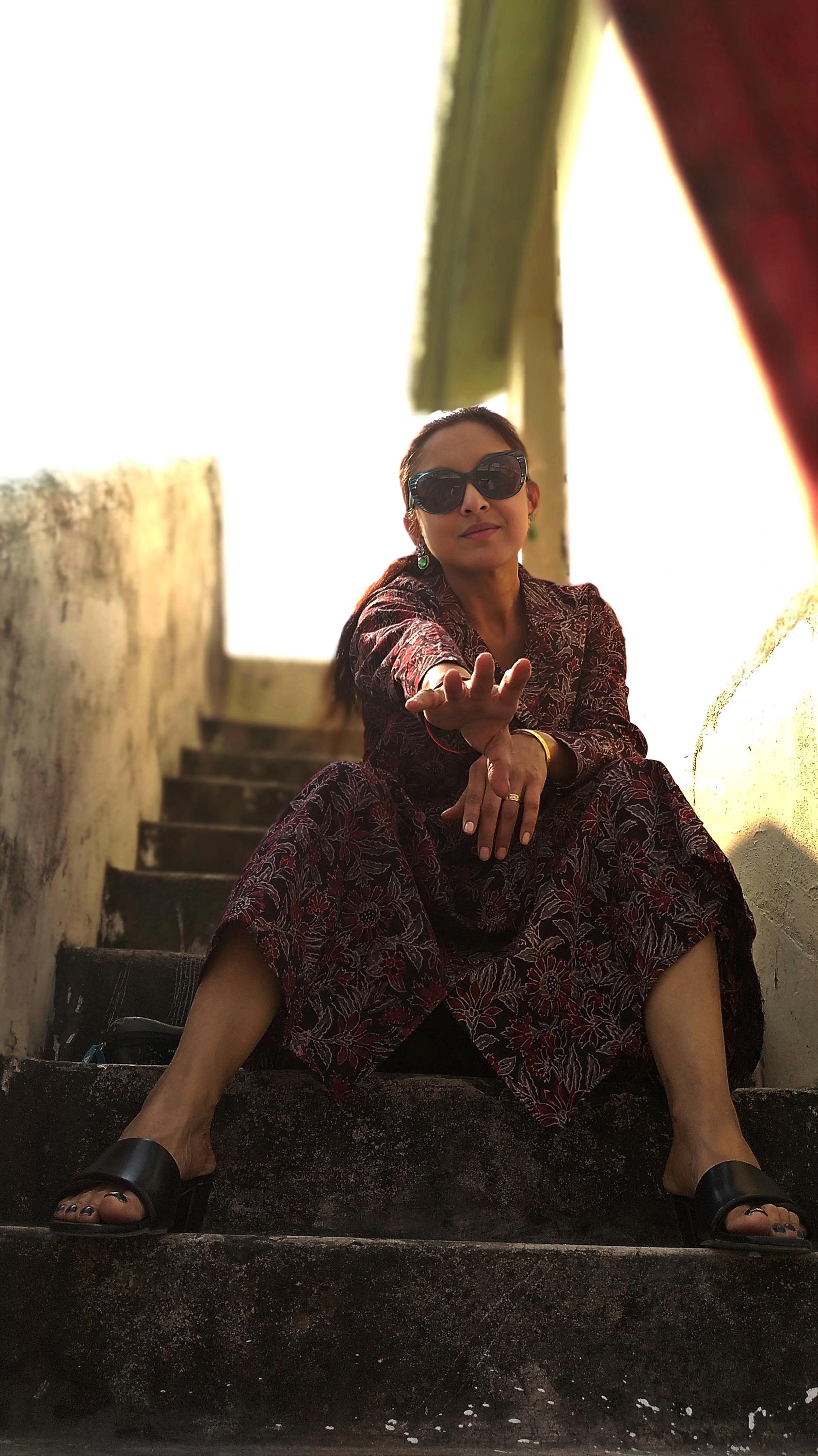 MAUI- Floral Ajrakh handblock printed Lantern Sleeves warm Chocolate Collared A Line Dress perfect for Your vacation.