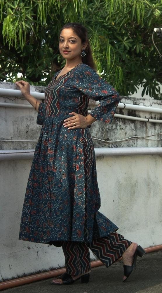 NAZRET -Smart fit, Ajrakh Hand block printed cotton Flared Kurta with round V neck and palazzo set.