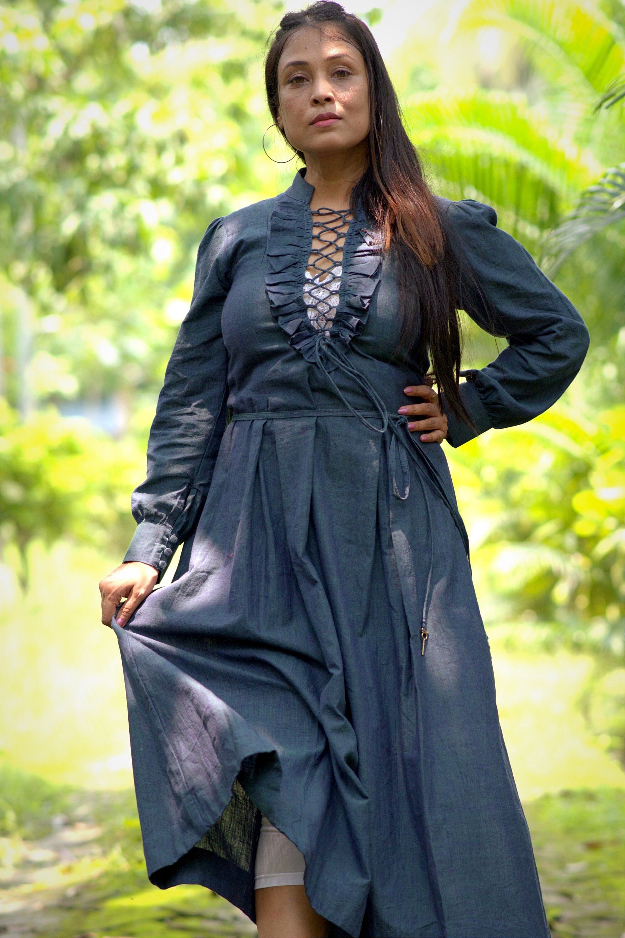 WANDERER'S SOUL~ Front & Side Lace-up Corset Style Mid Calf Vintage theme Dress for every Special Celebration .