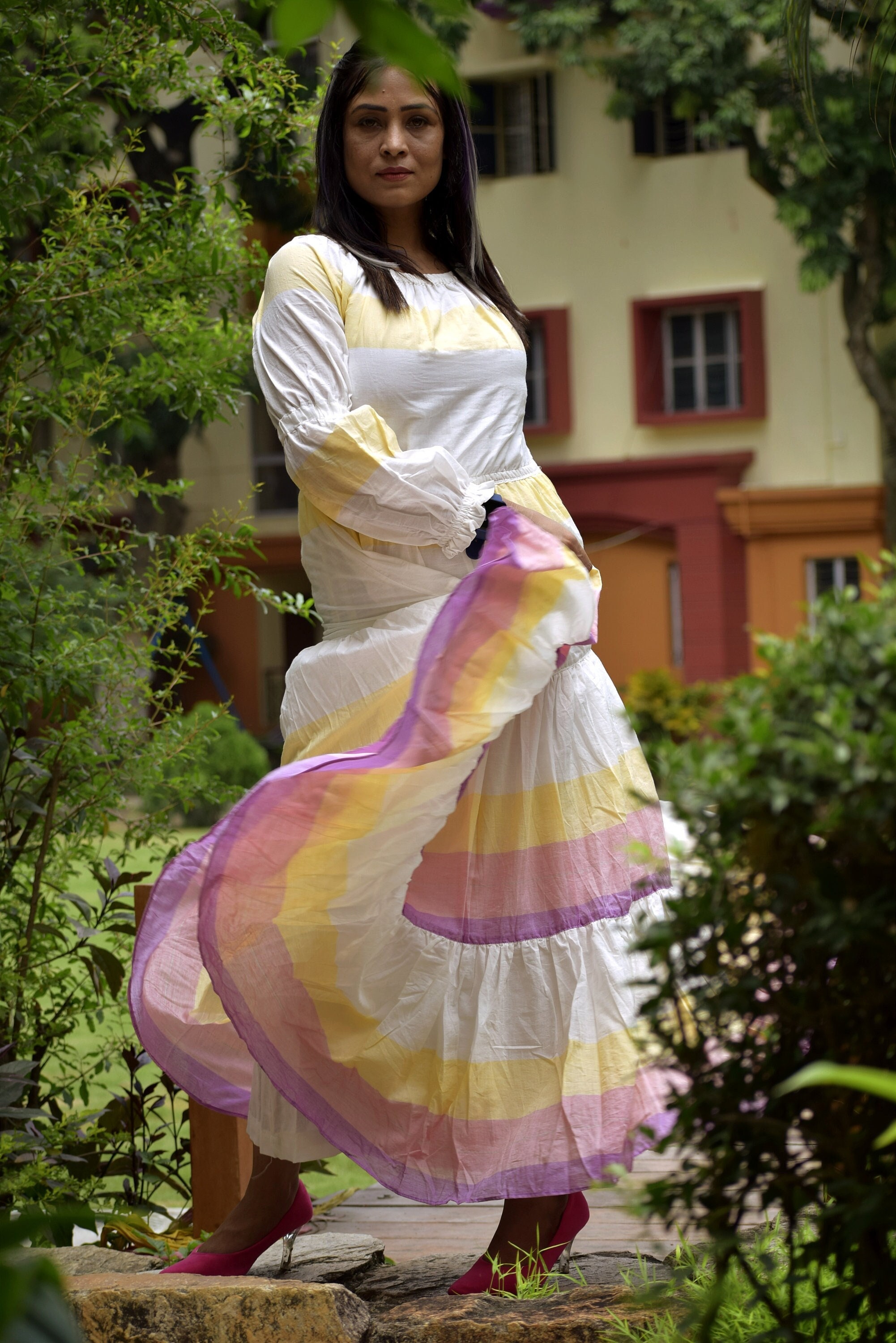 AURORA -Premium handwoven Muslin Cotton frilled Flared Maxi Dress for Special Occassion