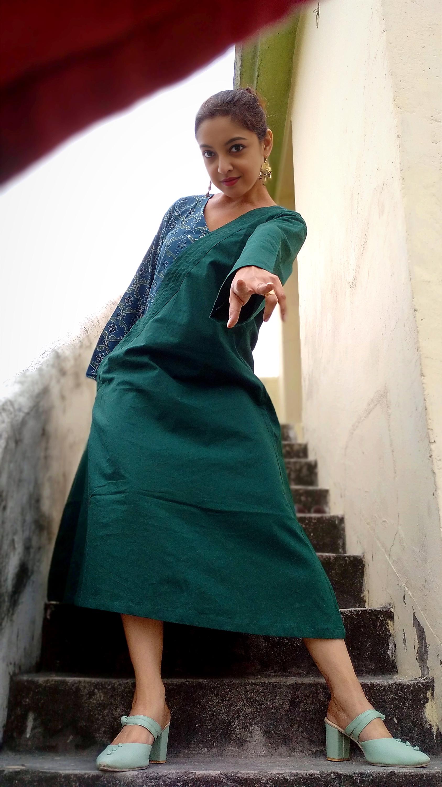 ABASHA - Free Flow Kimono themed Front Up Back Down Flow Dress Ajrakh block Print highlights on right Sleeve and Neck Line .