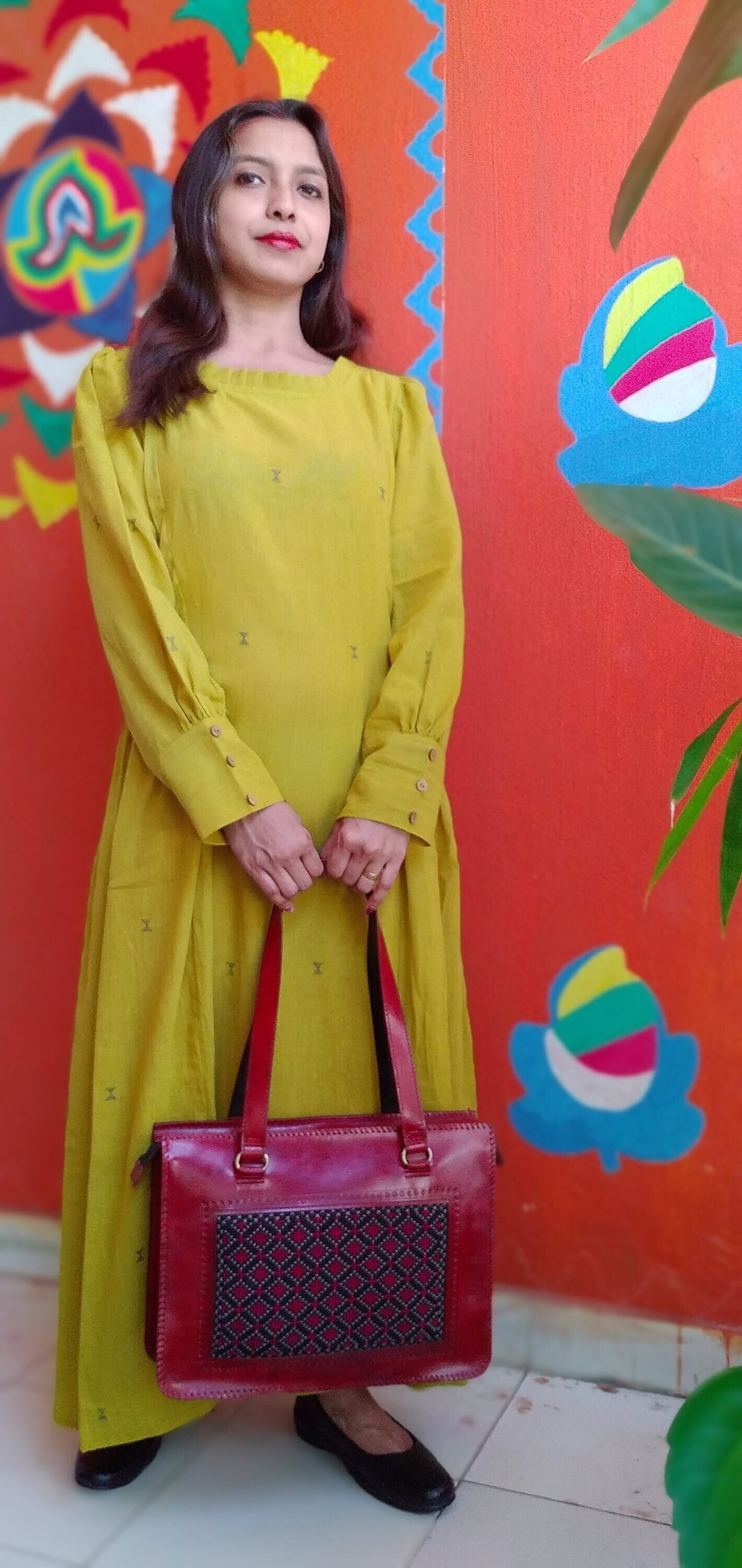 MONOLOGUE,Chrome Yellow -Pleated Round-Neck ,long Sleeved,Fit & Flare Dress