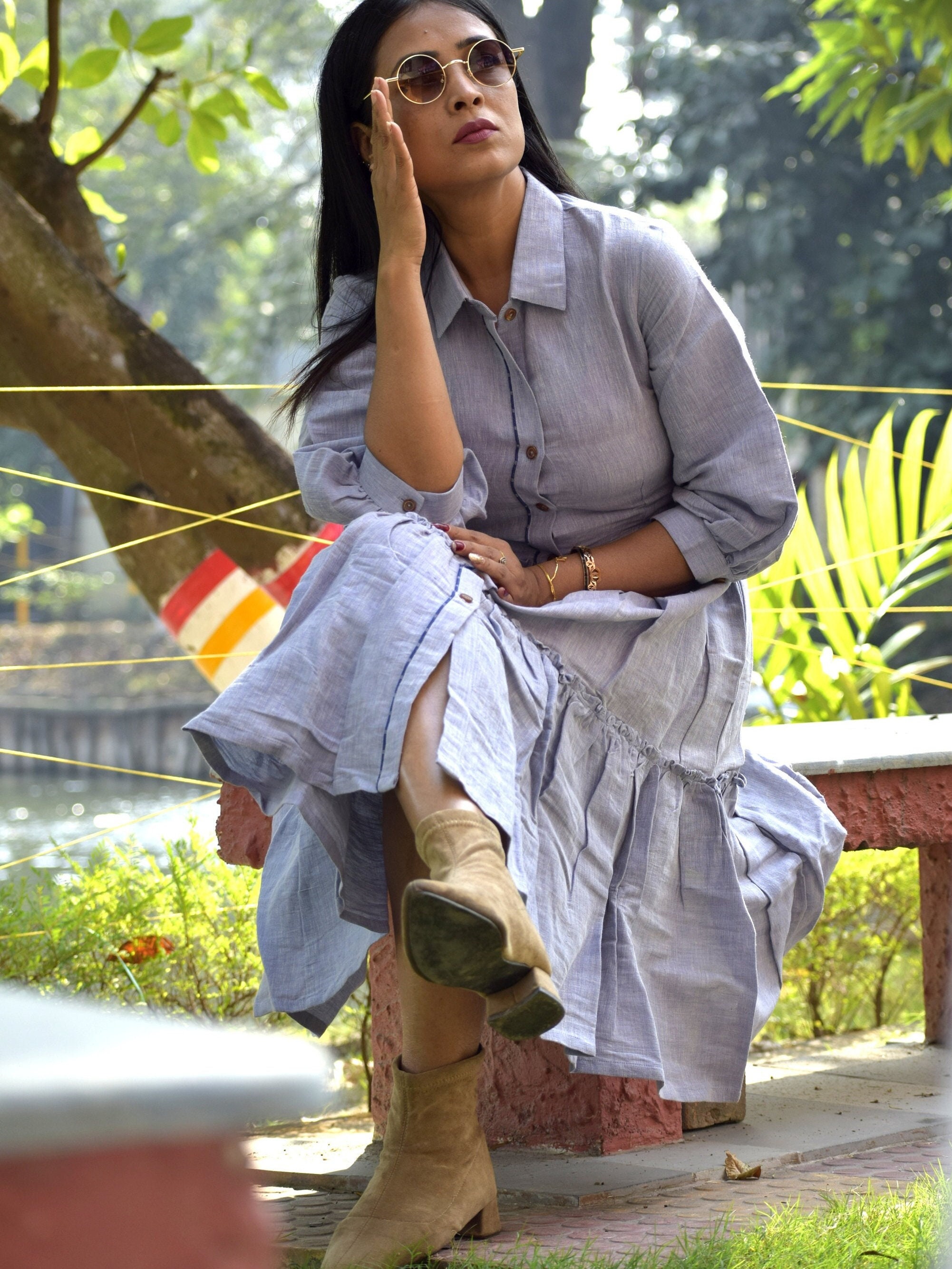 SALSA VIBES- Multi Tiered Linen Cotton Flared Semi Casual Summer Dress with Handcrafted Horn Buttons,Pleated Swirling Frills.