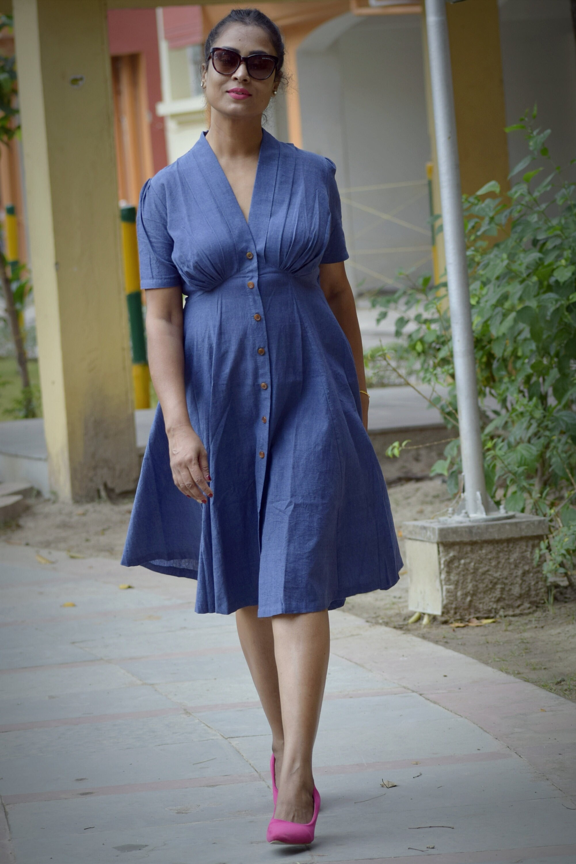BLUE NILE - Pleated V Neck, Short Puff Sleeved High Waisted, Midi A Line Swing Dresses