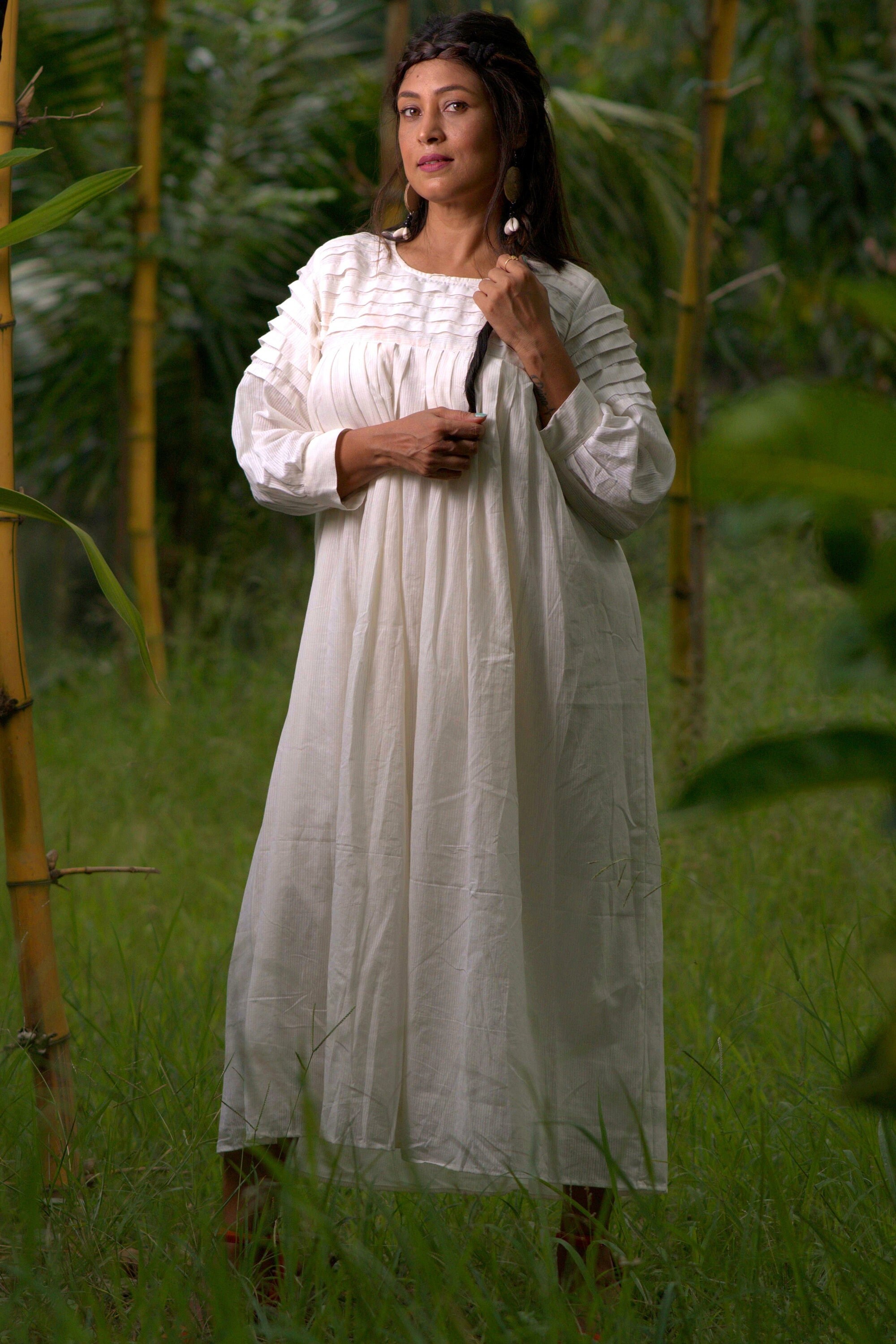 SONGS OF SILENCE- Handmade Pleated and  Flared Muslin Cotton Designer wear / Summer Dress / Party Wear for Special Occasion