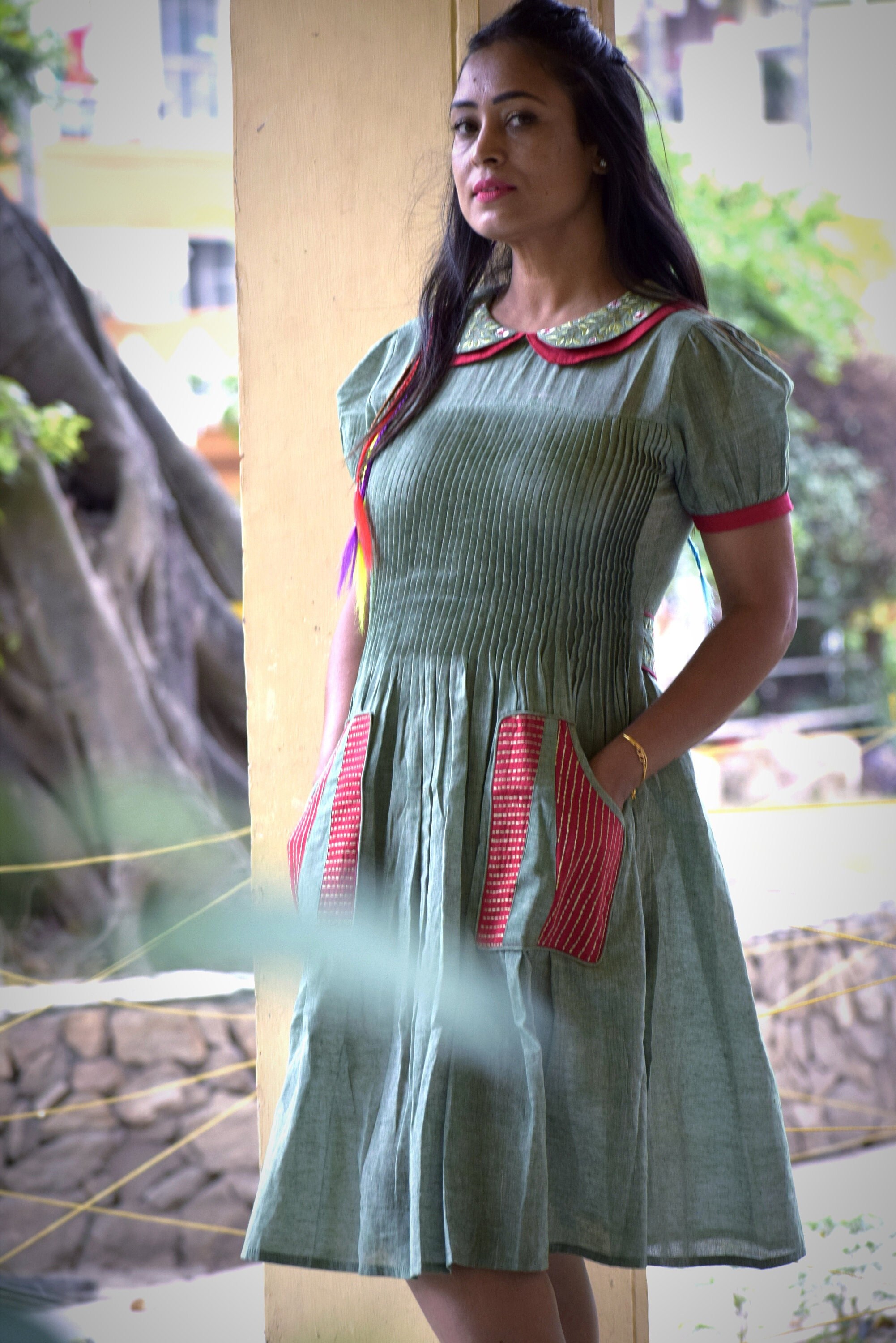 MIRAGE LOVE - Vintage Styled A Line Midi Dress,with PeterPan Collar. Crafted from Premium Cotton, Embroidered Belt & HornBone back Closure.