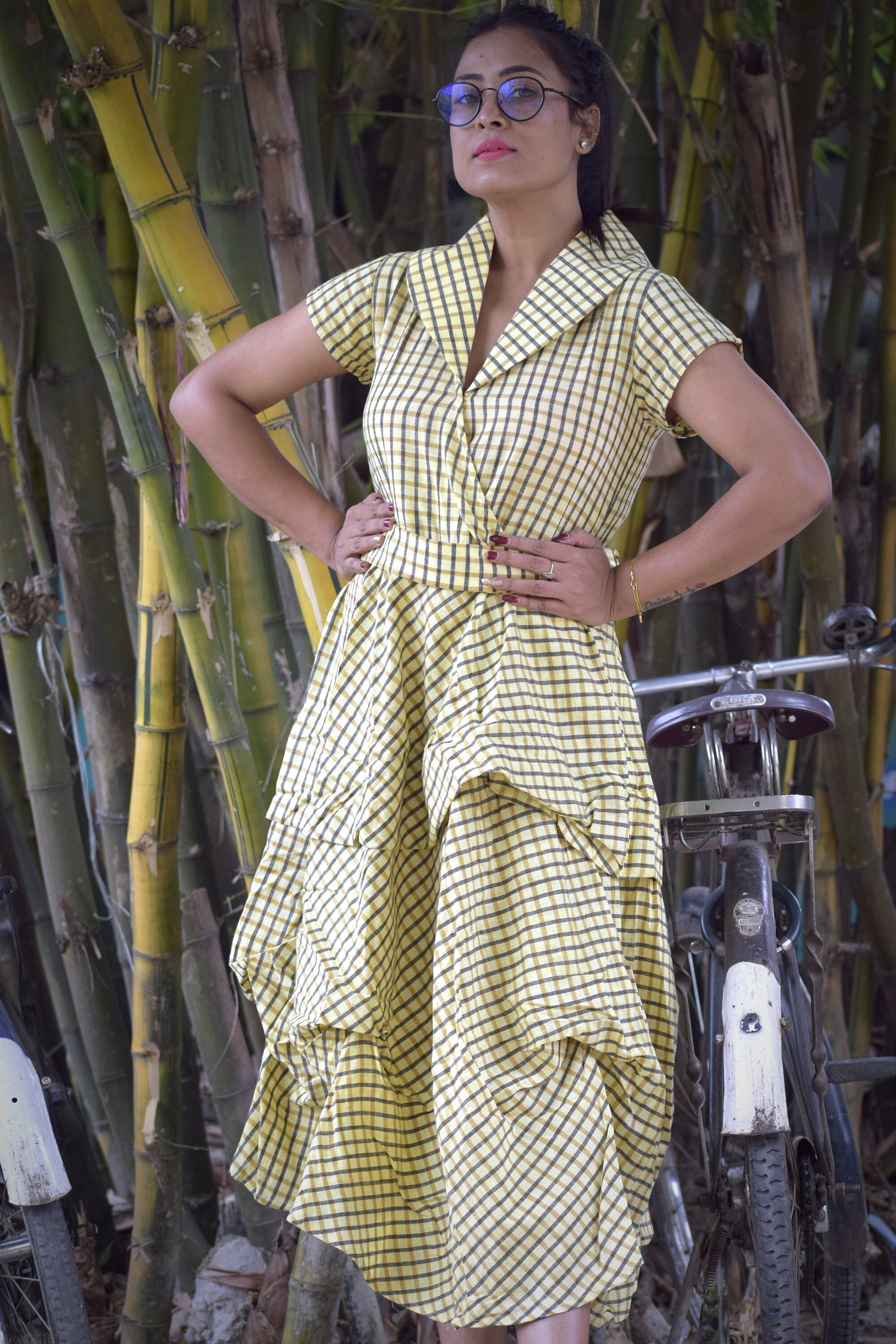 OYSTER BAY - Handcrafted Flattering wrapped and ruched Tartan Dress with V Neck & Short Sleeves.