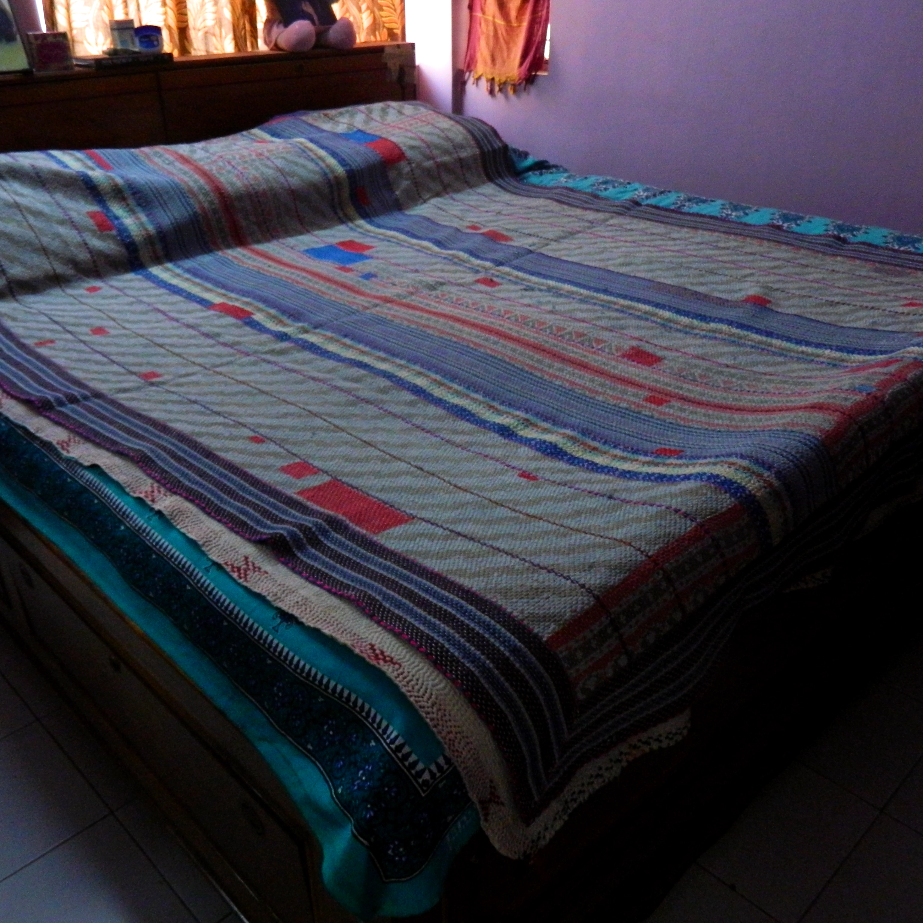 TRANQUILITY - Reversible Double Sided  Symetry Pattern Hand Stitched Kantha Quilt-[6 Layers]