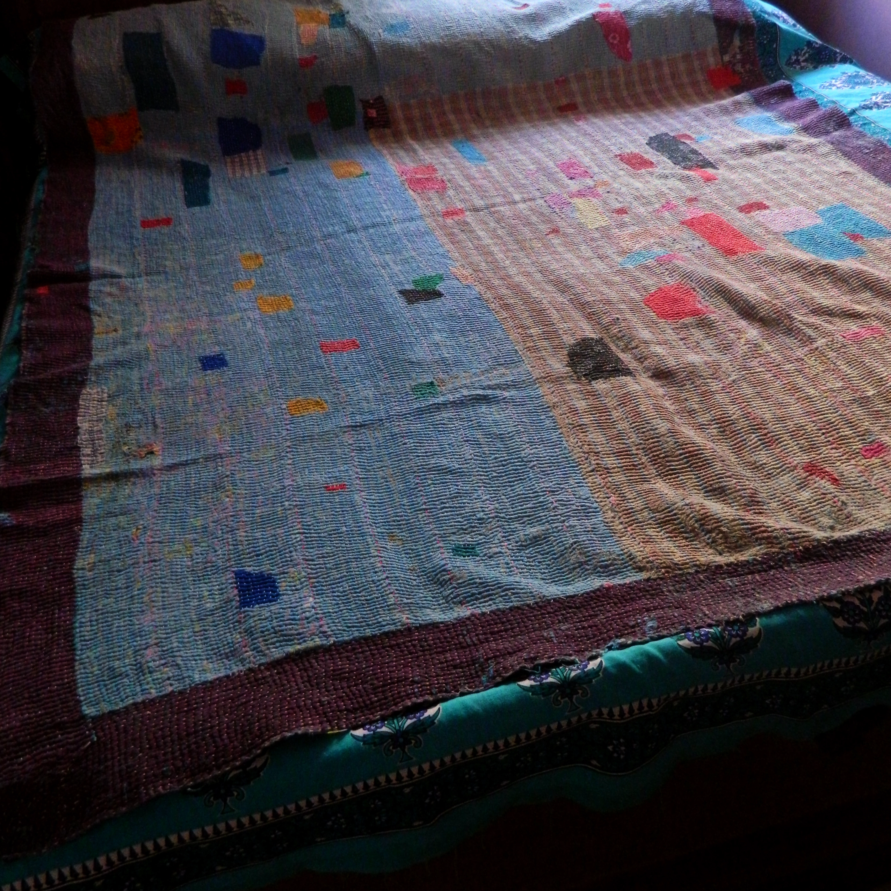  MEDITERRANEAN NIGHTS - Thick Reversible Geometric Pattern Hand Stitch Kantha Quilt  -[6 Layers]