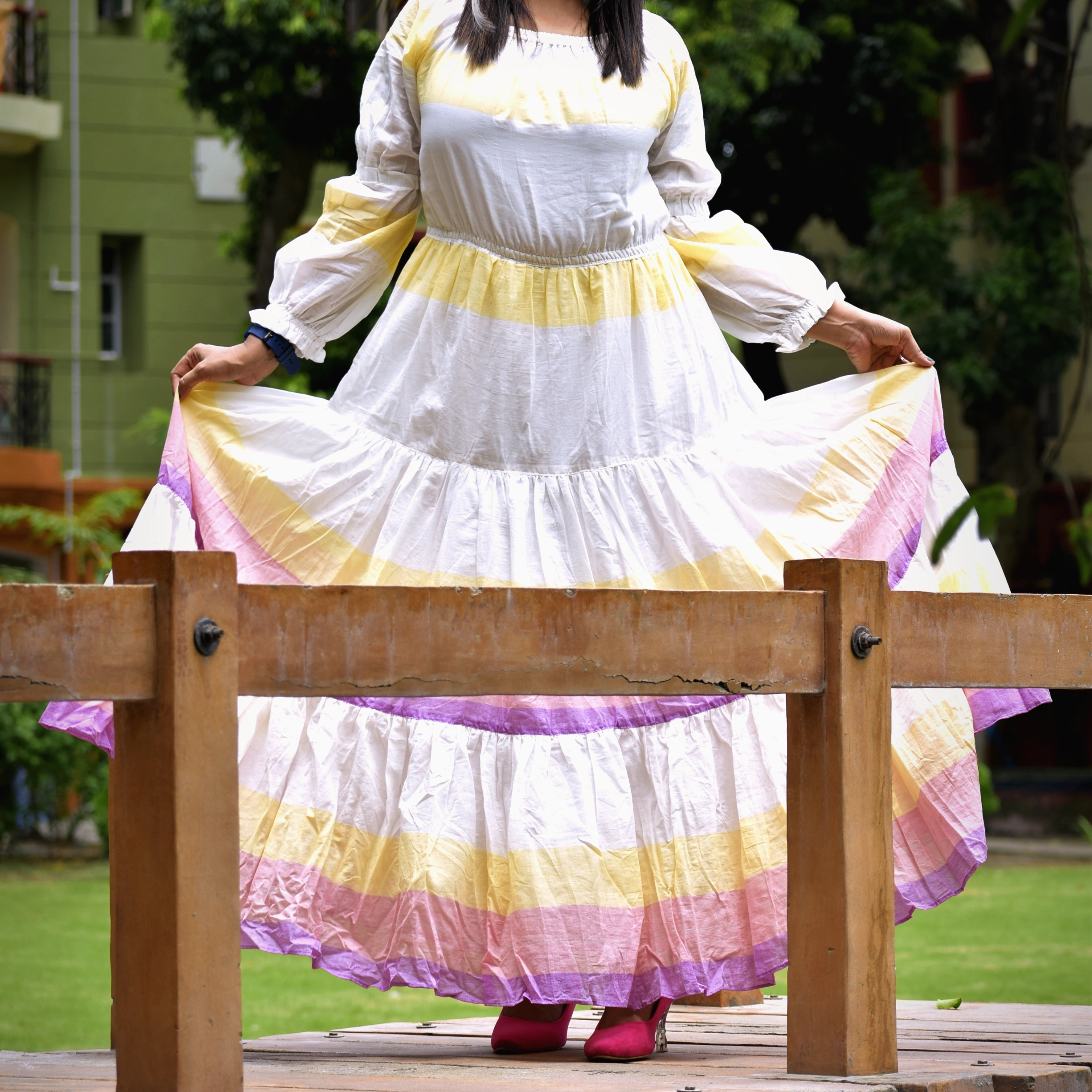 AURORA -Premium handwoven Muslin Cotton frilled Flared Maxi Dress for Special Occassion