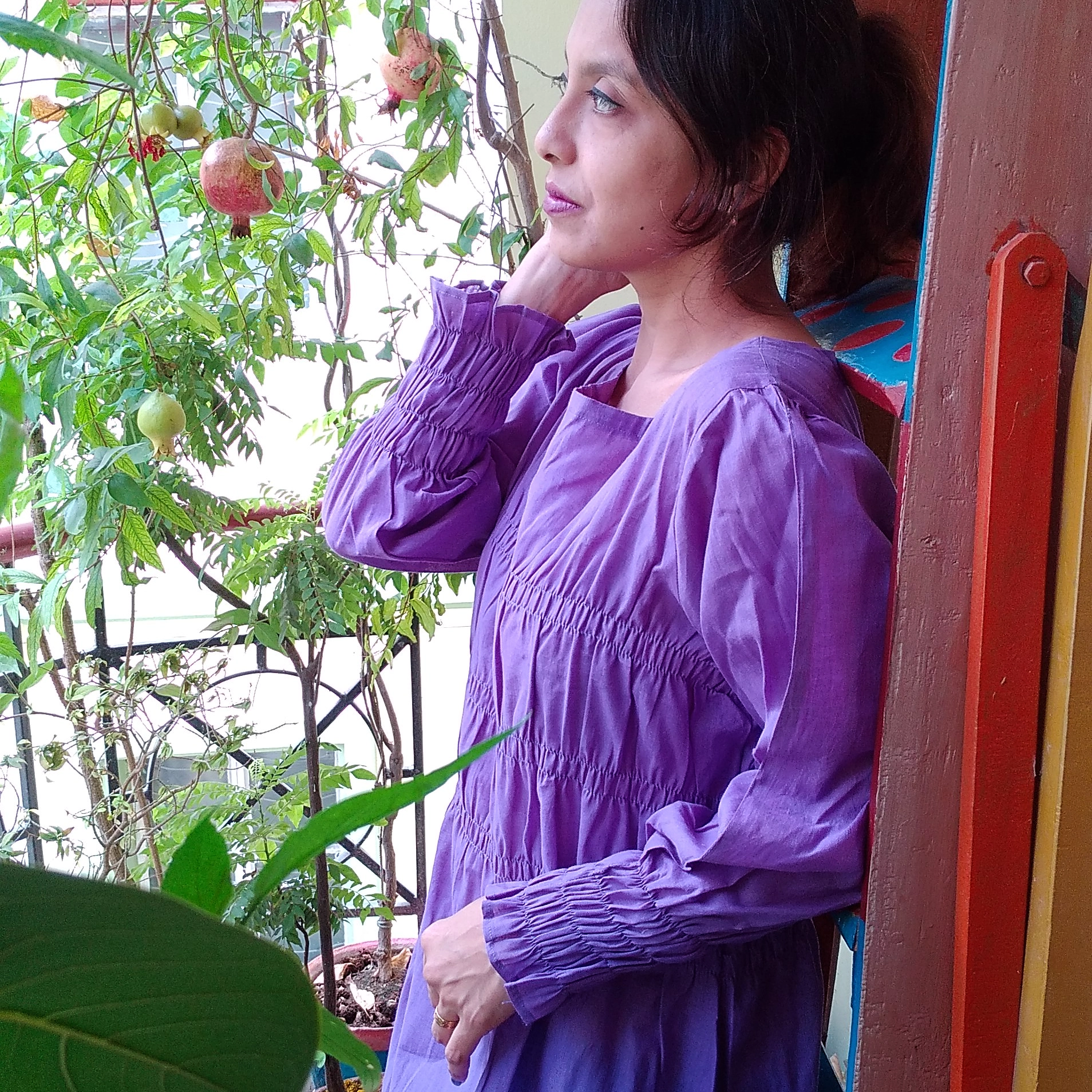 HIGH TIDES  ~ Ruffle round Neckline ruched Cuff full Sleeves flared bottom ankle Length Maxi Dress.