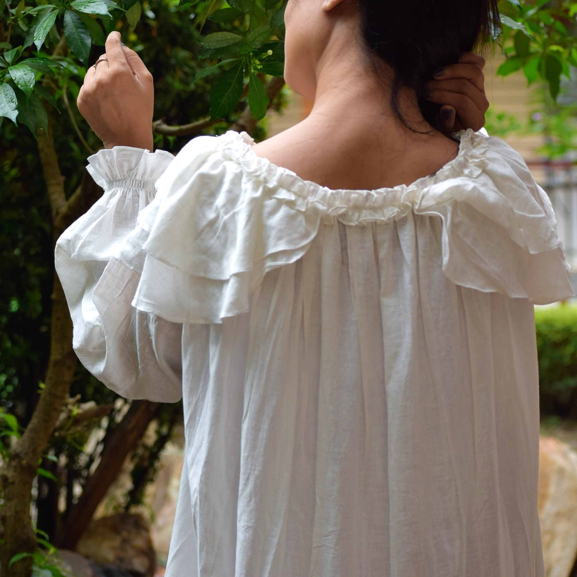 AEOLIAN FANTASY-Muslin Cotton Long & Loose Designer Maxi Dress with Ruffled Full Sleeves | Casual Retro Summer Dress .