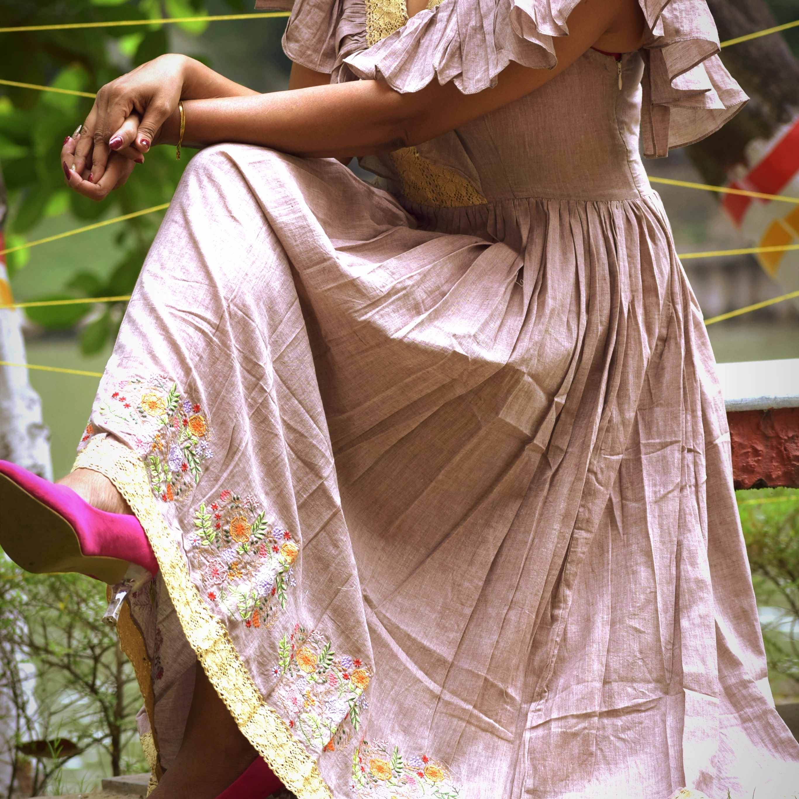 SANTORINI - Solid Ruffled Blouson Midi Dress with V Neck & Short Flutter Sleeves.