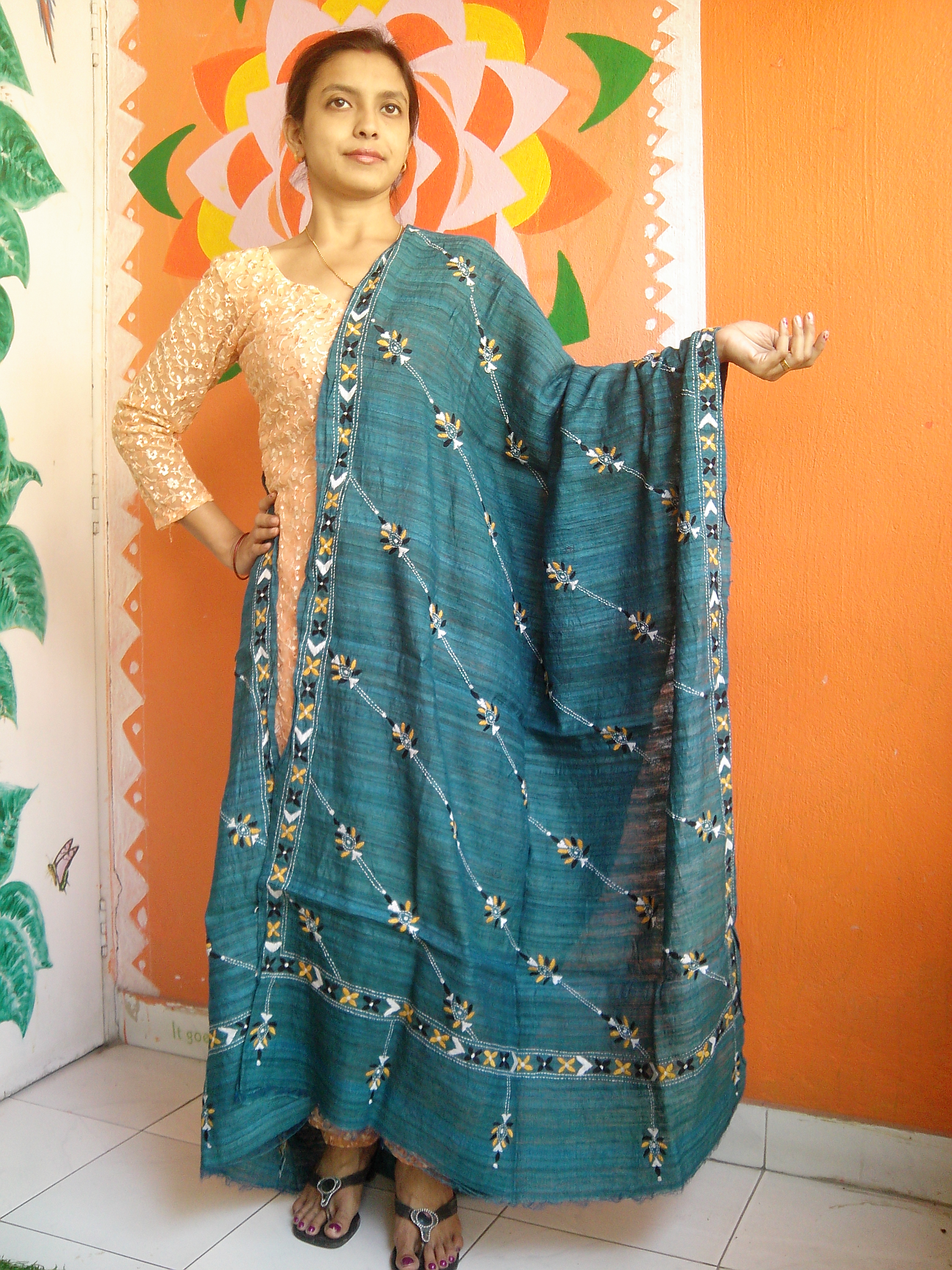 Copper Green - Bengal Nakshi Kantha Embroidered Tussar Gicha Silk Handloom Duppatta.