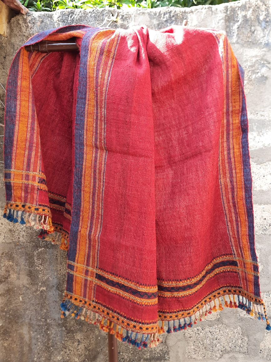 Desert Rose - Warmth of Desert.l Bhujodi Handwoven Desi Sheep Wool Shawl - Fuze Red.