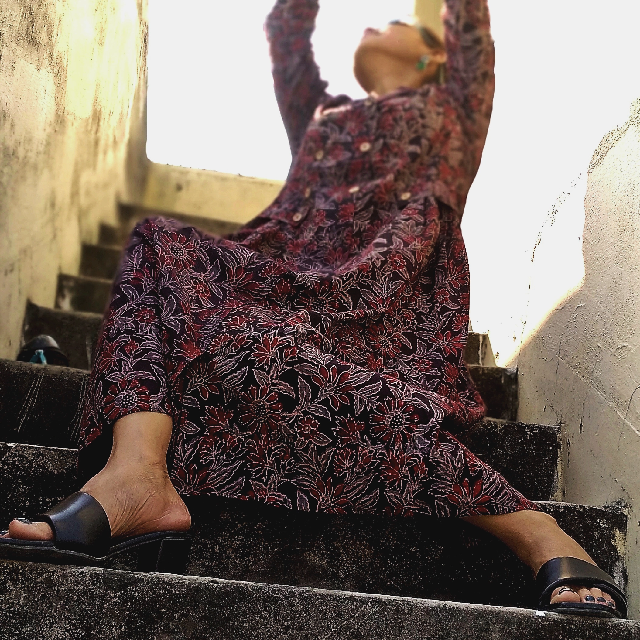 MAUI- Floral Ajrakh handblock printed Lantern Sleeves warm Chocolate Collared A Line Dress.