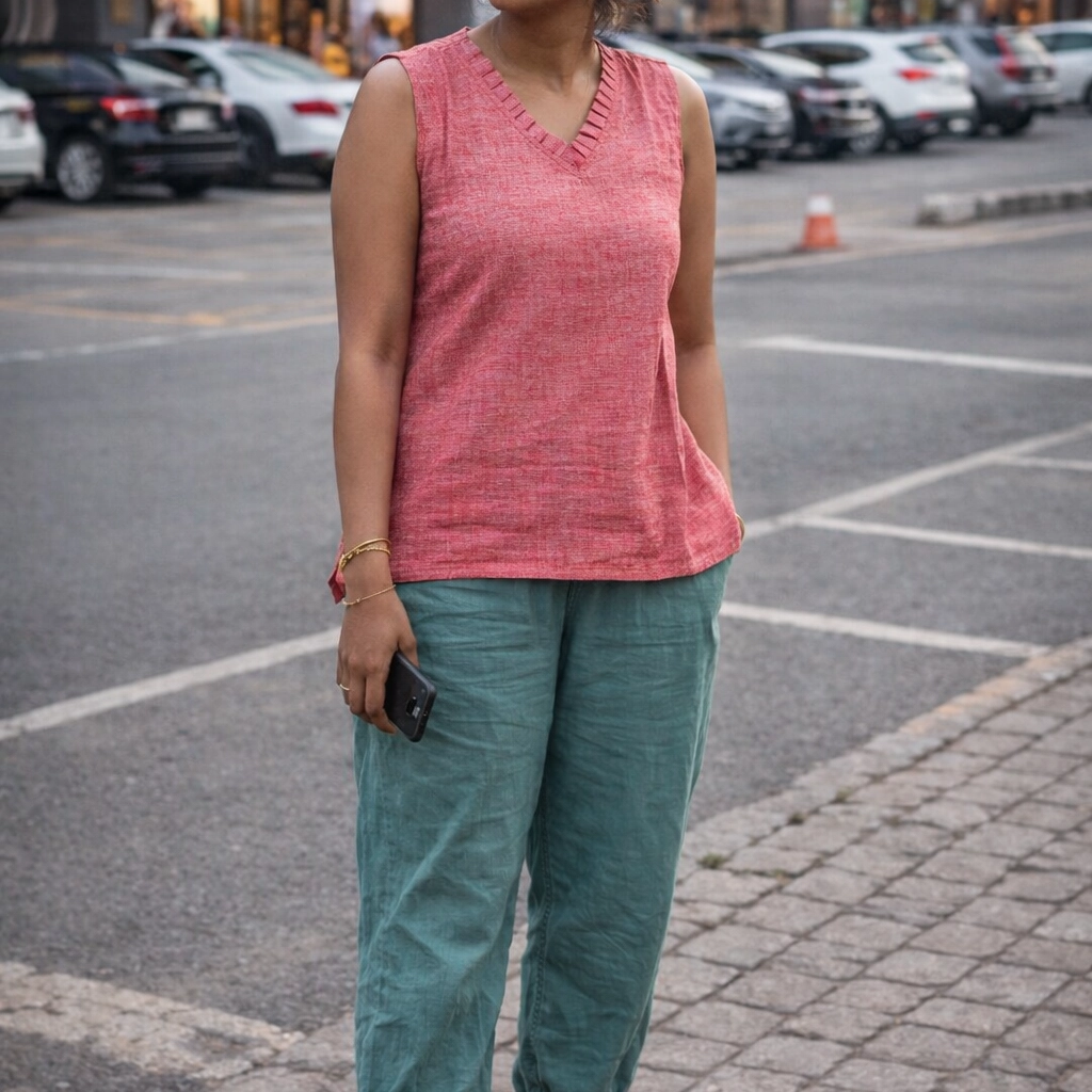 CANDY FLOSS - Peplum Hem Fitted pleated V Neck Sleeveless Top in Haze Red.