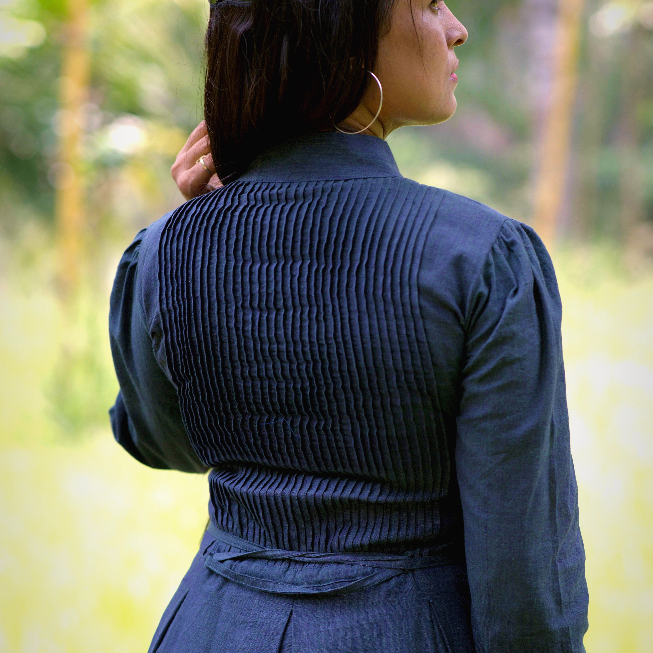 WANDERER'S SOUL~ Solid Front Ruffle Trim Drawstring Lace Up V-Neck Full Sleeve Victorian Styled Dress.