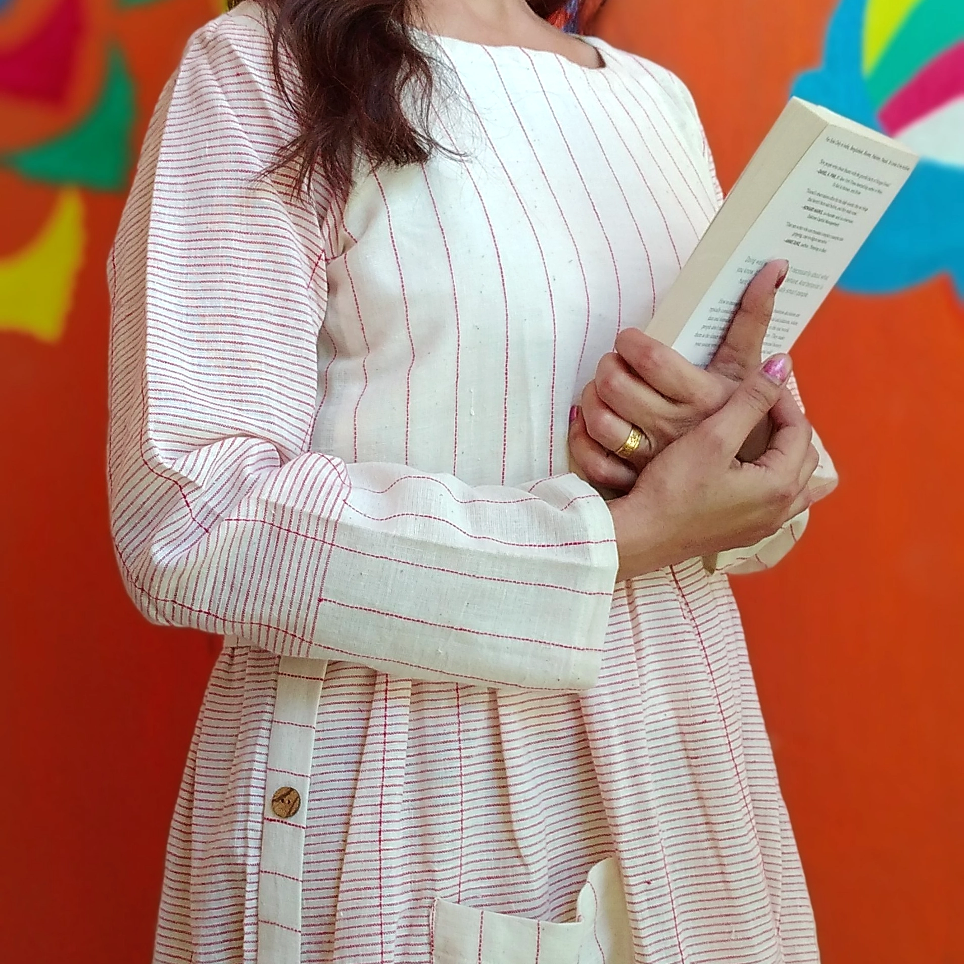 SOLILOQUY -Marshmallow White and Fuze Red Pinstrip - Round-Neck ,Long Sleeved,side buttoned Fit & Flare Dress