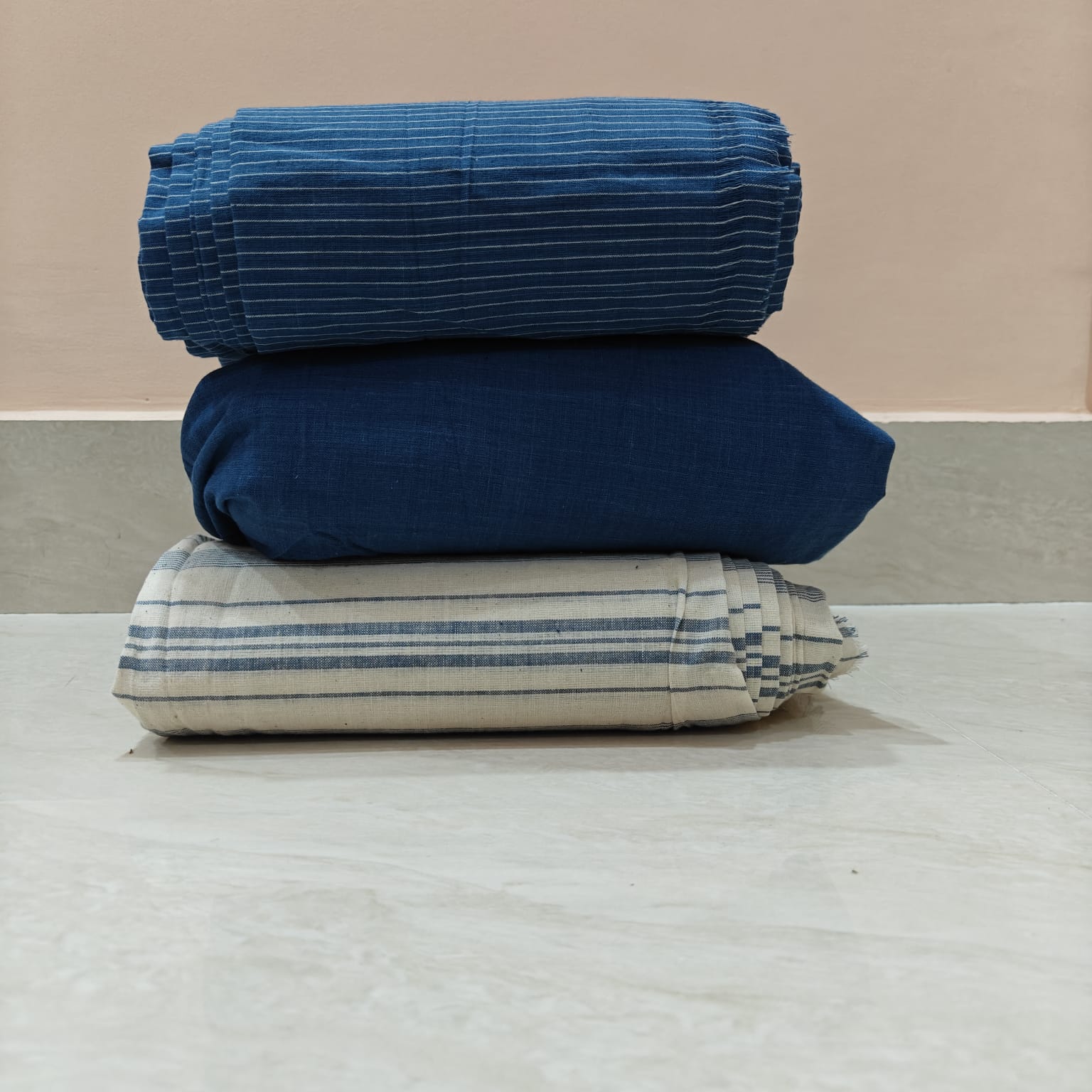 Organic Indigo Dyed Cotton Hand-Woven Premium regular Striped Fabric - [2.5Mtrs]