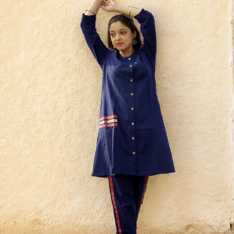 TSAVO -  Ajrakh Hand block print highlighted Slim Fit Navy Blue Cotton round neck Kurta & palazzo set.