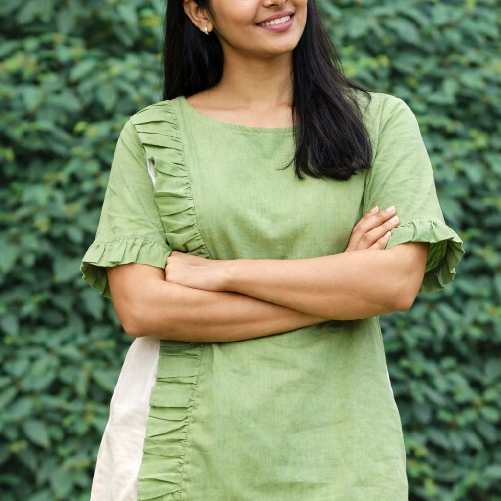 MOSS STORY -Side Frilled,Sleeves pleated Shallow Neck Top in Mint Green.