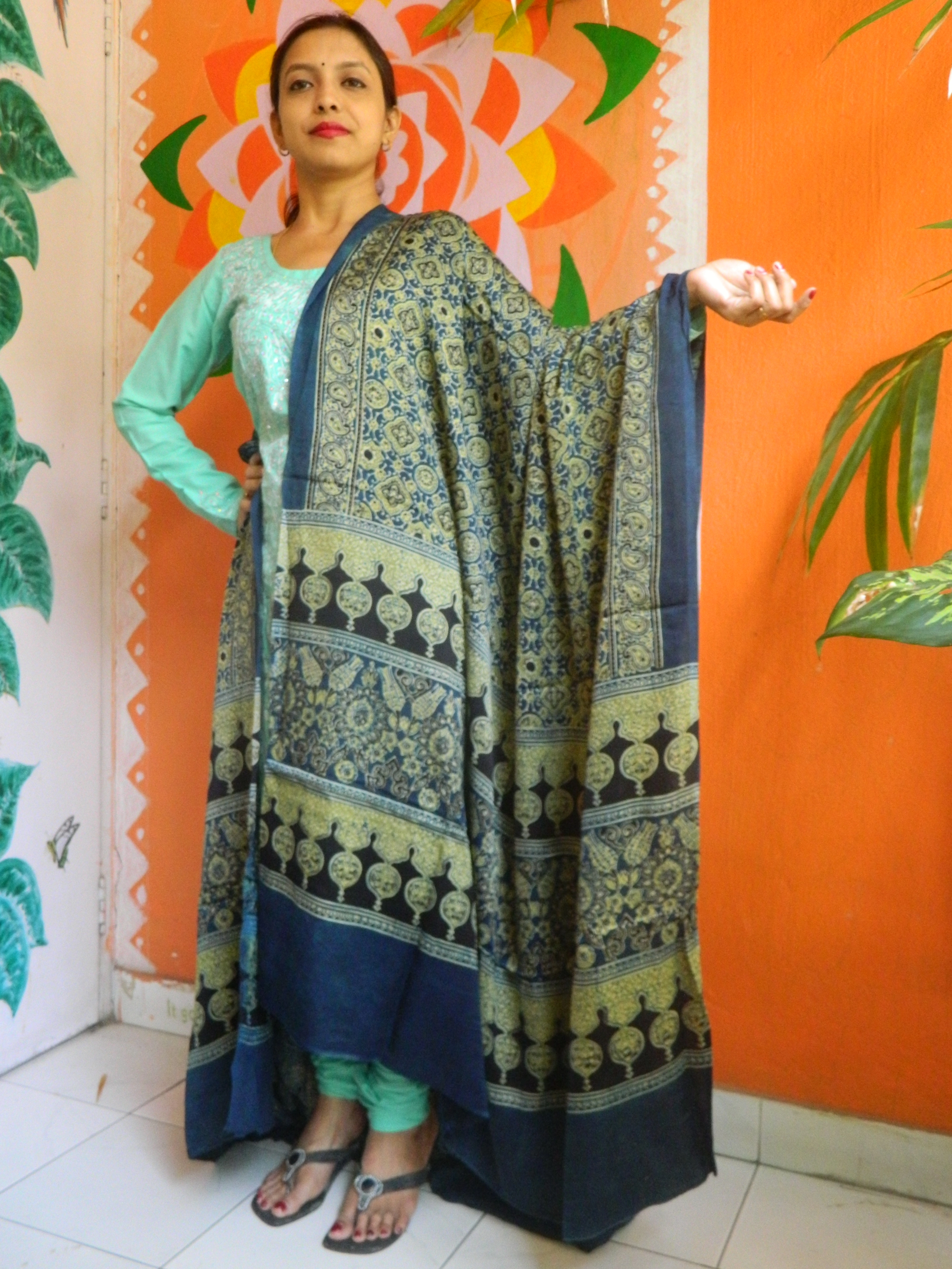 Rozaana - Indigo Blue & olive Yellow Ajrakh-printed Premium Modal Silk Dupatta --Traditionally Chic