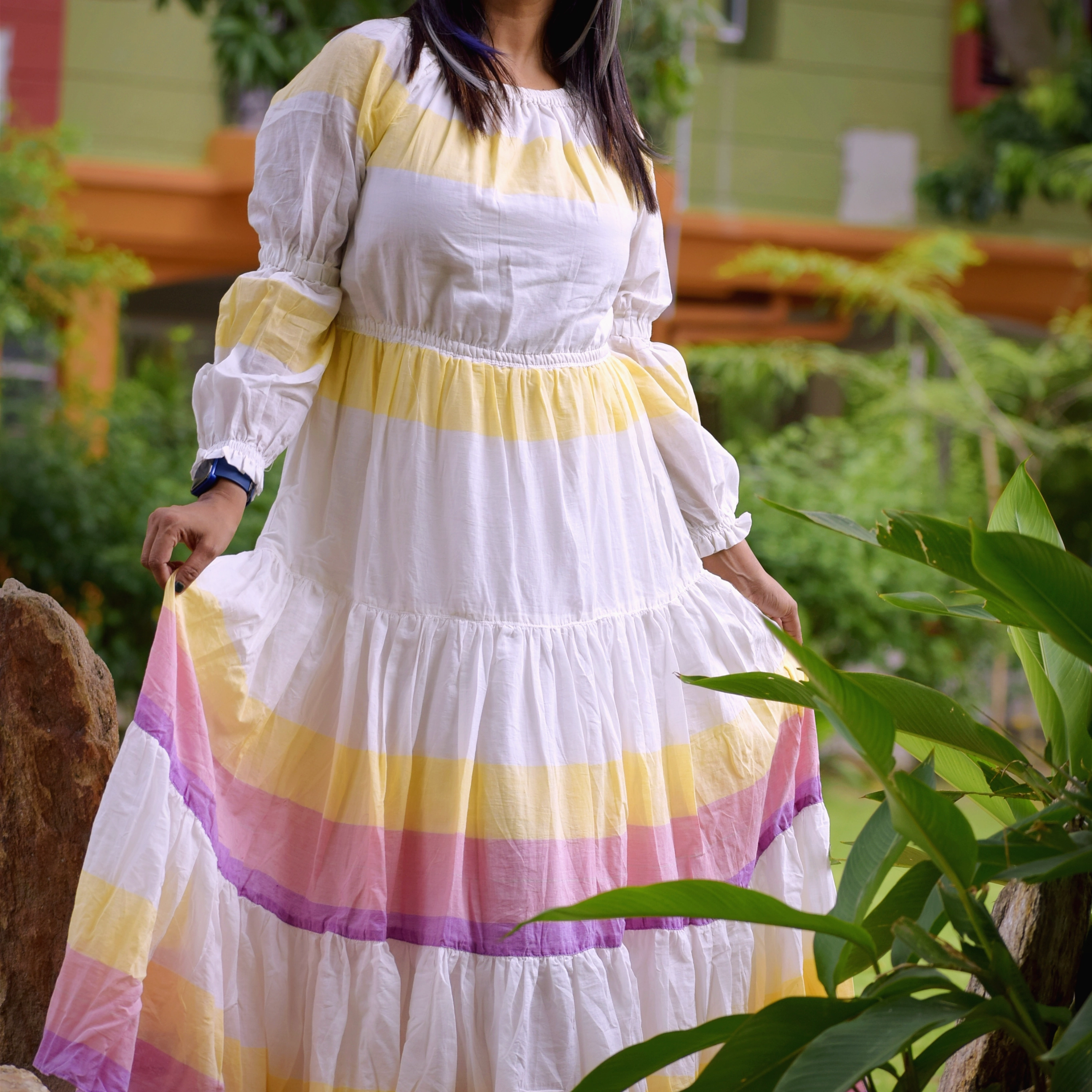 AURORA -Premium handwoven Muslin Cotton frilled Flared Maxi Dress for Special Occassion