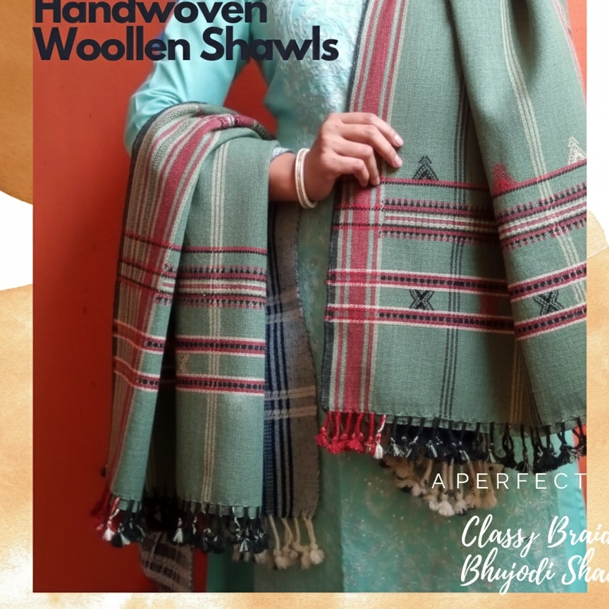 Silence of Desert - Kutch | Bhujodi Handwoven Desi Sheep Wool Shawl -Calm Green.