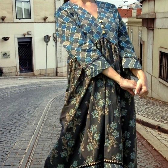 JAKAR - Frilled & Pleated ,V Neck Three Quarter Sleeves Ajrakh-printed Maxi Dress.