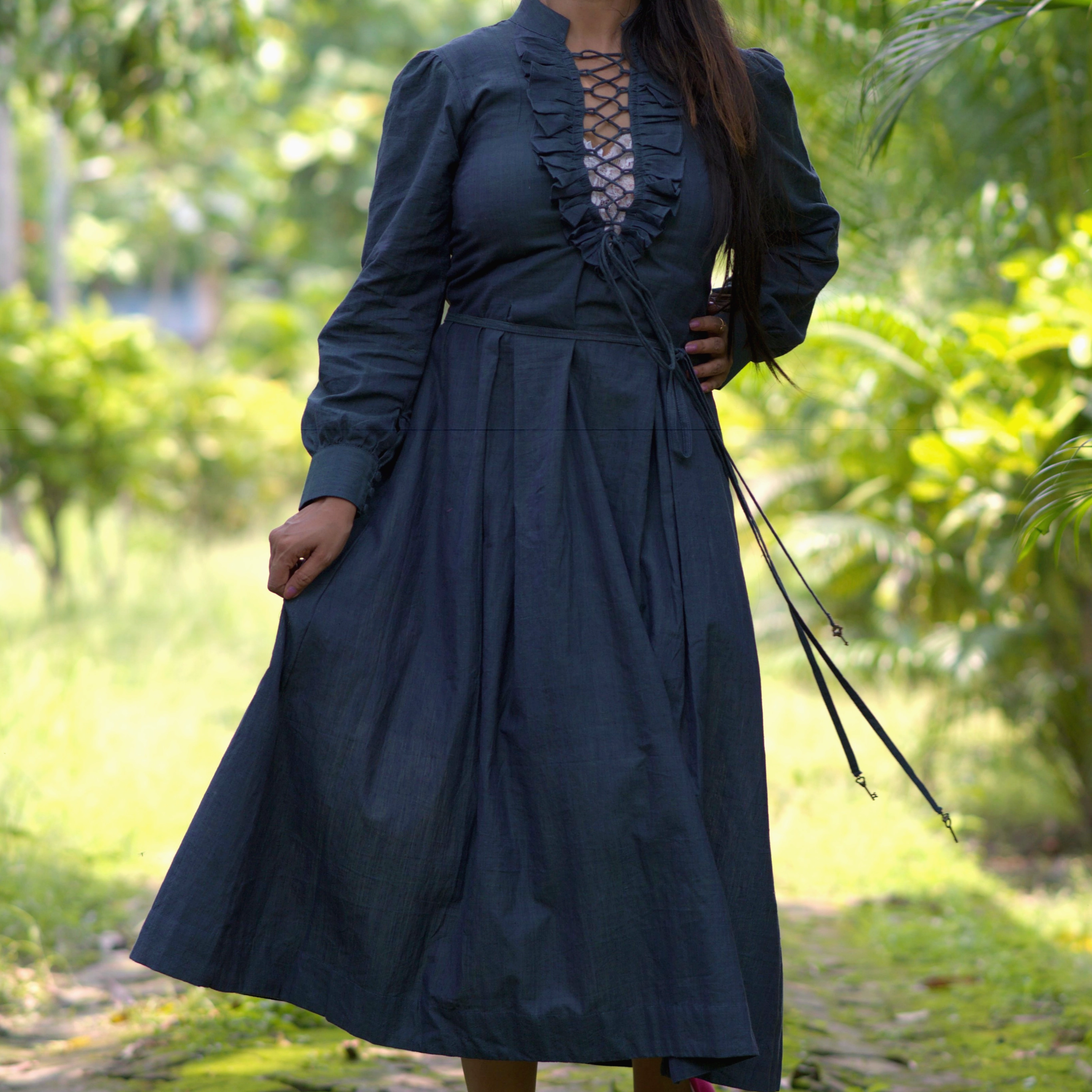 WANDERER'S SOUL~ Solid Front Ruffle Trim Drawstring Lace Up V-Neck Full Sleeve Victorian Styled Dress.