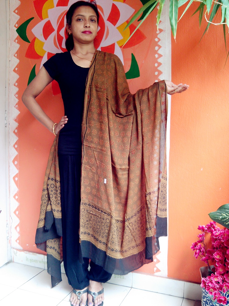 Fursaat - -Chrome Yellow Ajrakh-Printed Premium HandWoven Muslin Cotton Dupatta --Your Fashion Accessory.