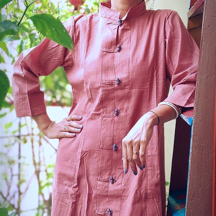 KAIZEN ll ~ Round Mandarin Collar Front Button Down Three Quarter Sleeves flared bottom ankle Length Maxi Dress with pockets.