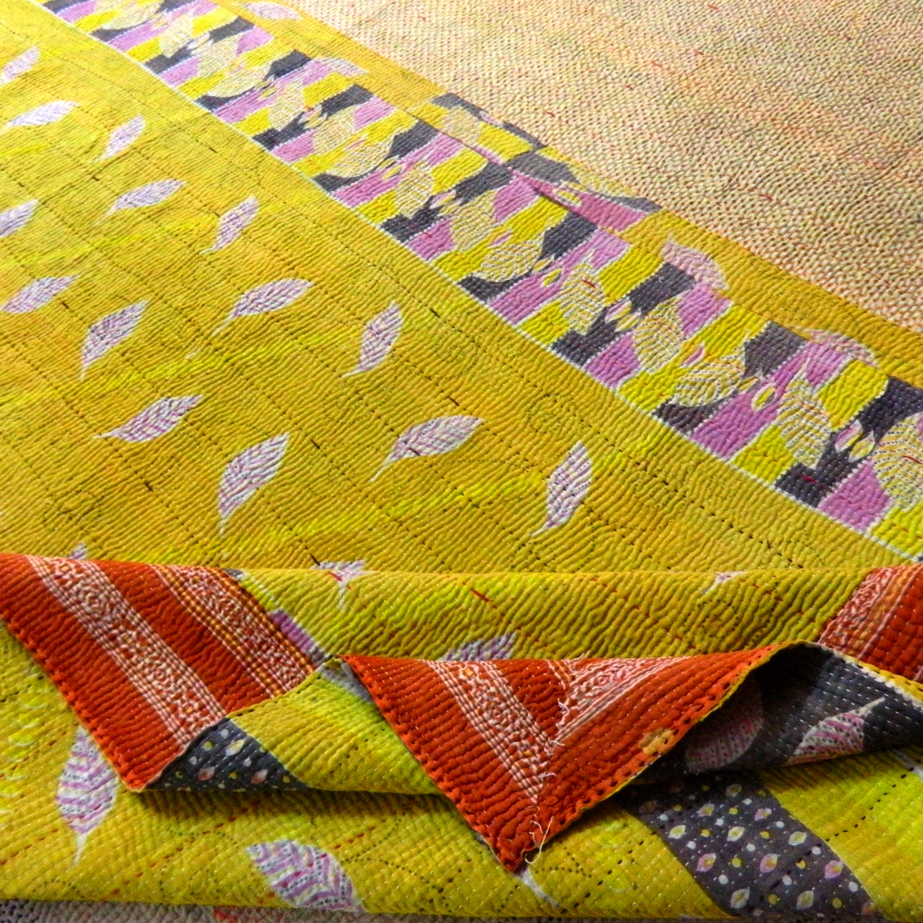 EMBROIDERED ECHO  - Reversible Double Sided Floral Pattern Hand Stitched Kantha Quilt -[4 Layers]