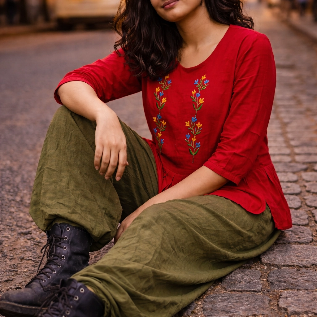 SUNNY BLISS - Peplum Hem Fitted pleated V Neck Sleeveless Top in Haze Red.