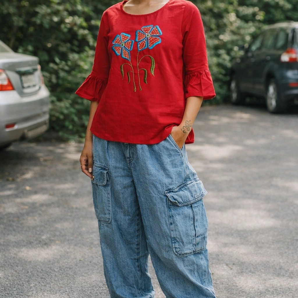 SUNNY BLISS - Peplum Hem Fitted pleated V Neck Sleeveless Top in Haze Red.