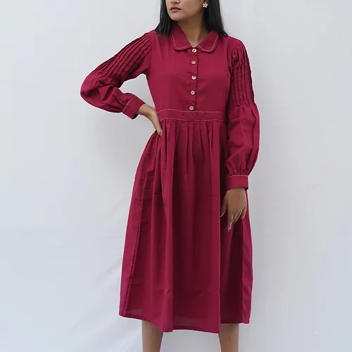 JADE ll - Ruffle Cuffed Semi Lantern Sleeved,Collared Button down Flared Summer Cotton  Party Wear.