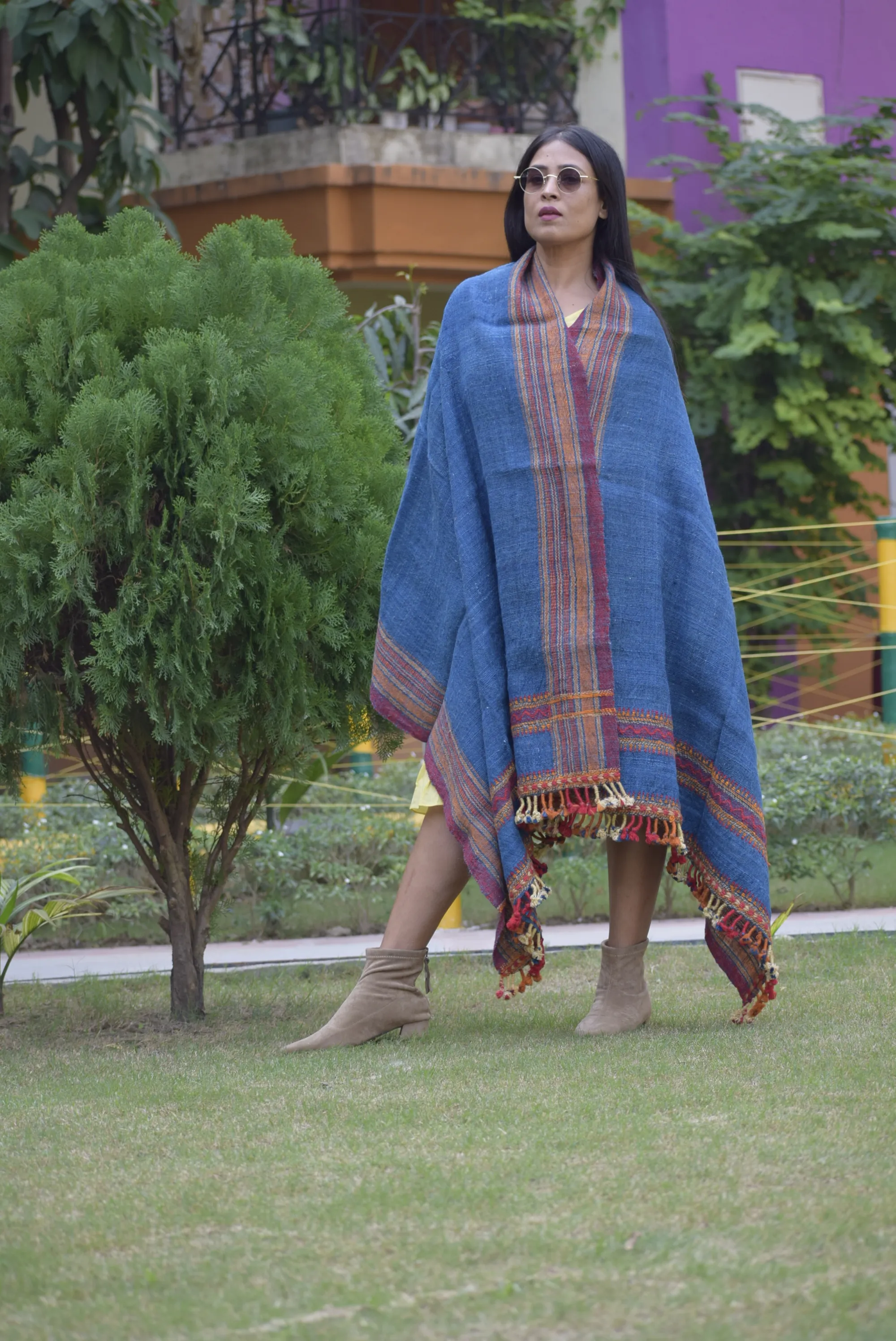 Sands of Time- Warmth of Desert.l Bhujodi Handwoven Desi Sheep Wool Shawl - Matt Indigo Blue.
