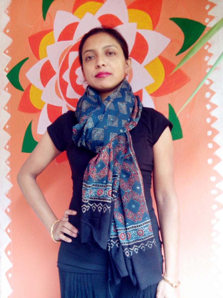 Shreeja - Indigo Blue & Red Ajrakh-Printed Premium Modal Silk Dupatta -- Fashion Statement. 
