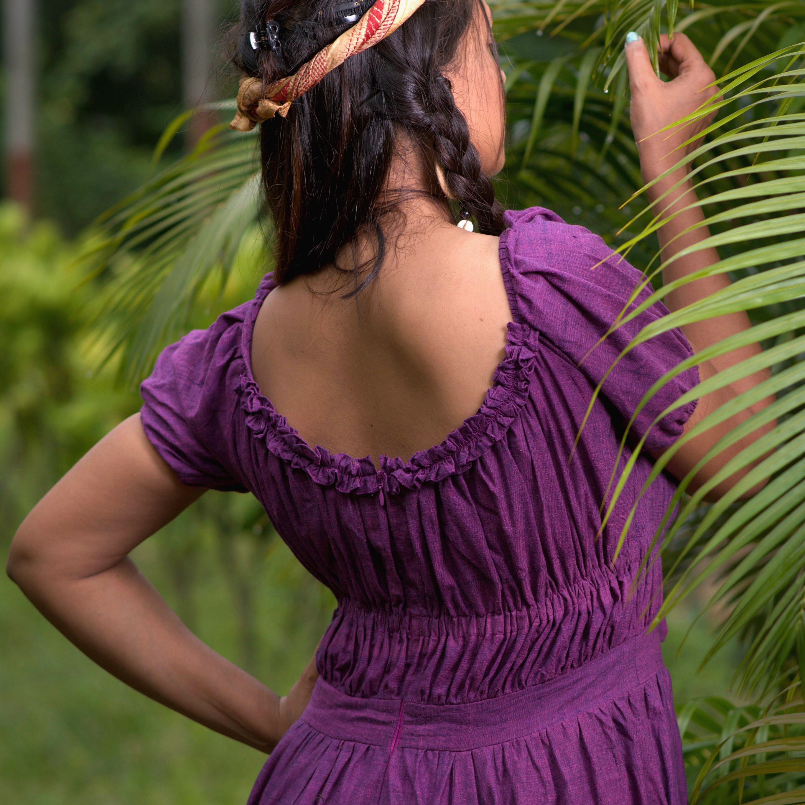 TIME'S EPILOGUE  ~ Vintage themed Sweetheart Neck Puff Sleeve Drawstring Ruffle Long Dress In Deep Violet.