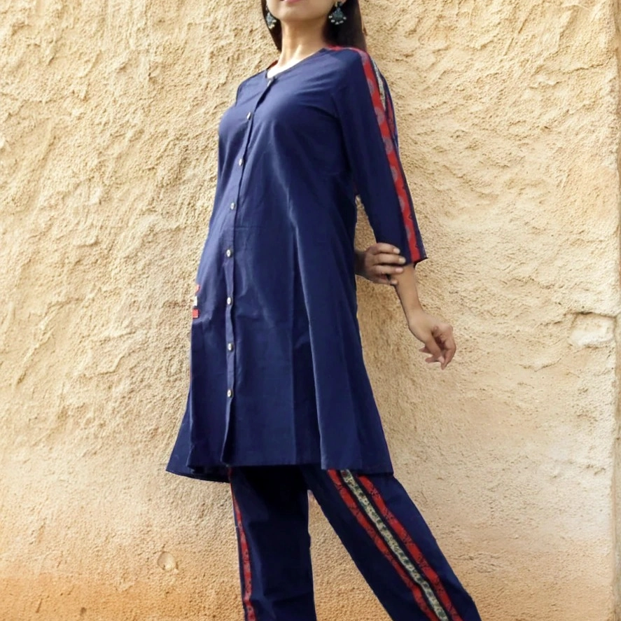 TSAVO -  Ajrakh Hand block print highlighted Slim Fit Navy Blue Cotton round neck Kurta & palazzo set.